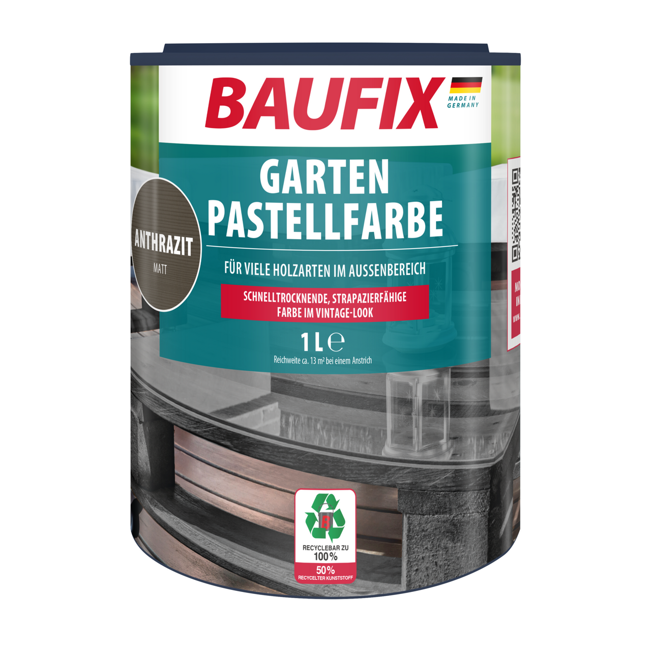 Baufix Garten Pastellfarbe anthrazit halbtransparent matt, 1 Liter, Holzfarbe