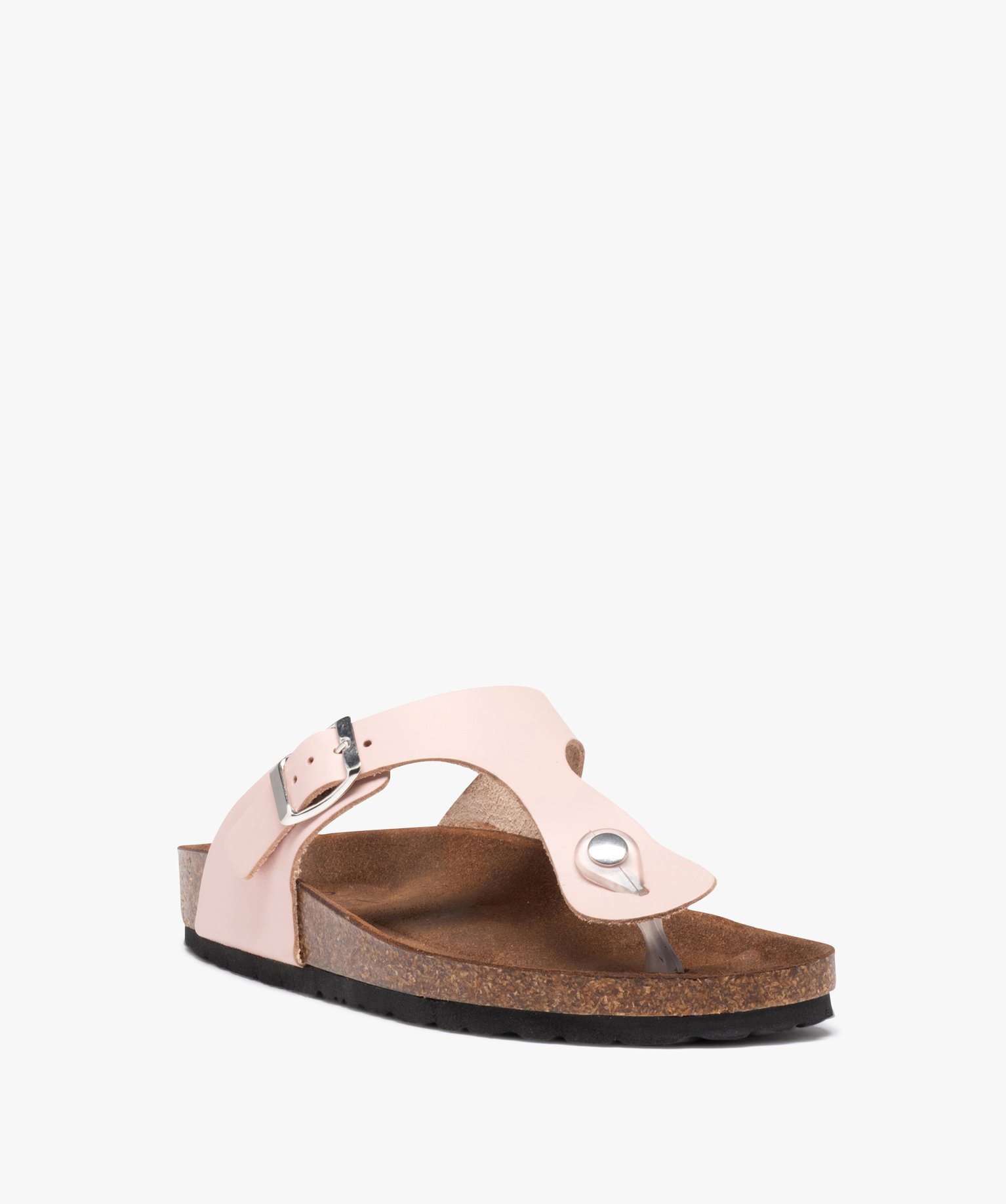 Mules femme à talon plat et bride entre-doigts en cuir rose | GEMO