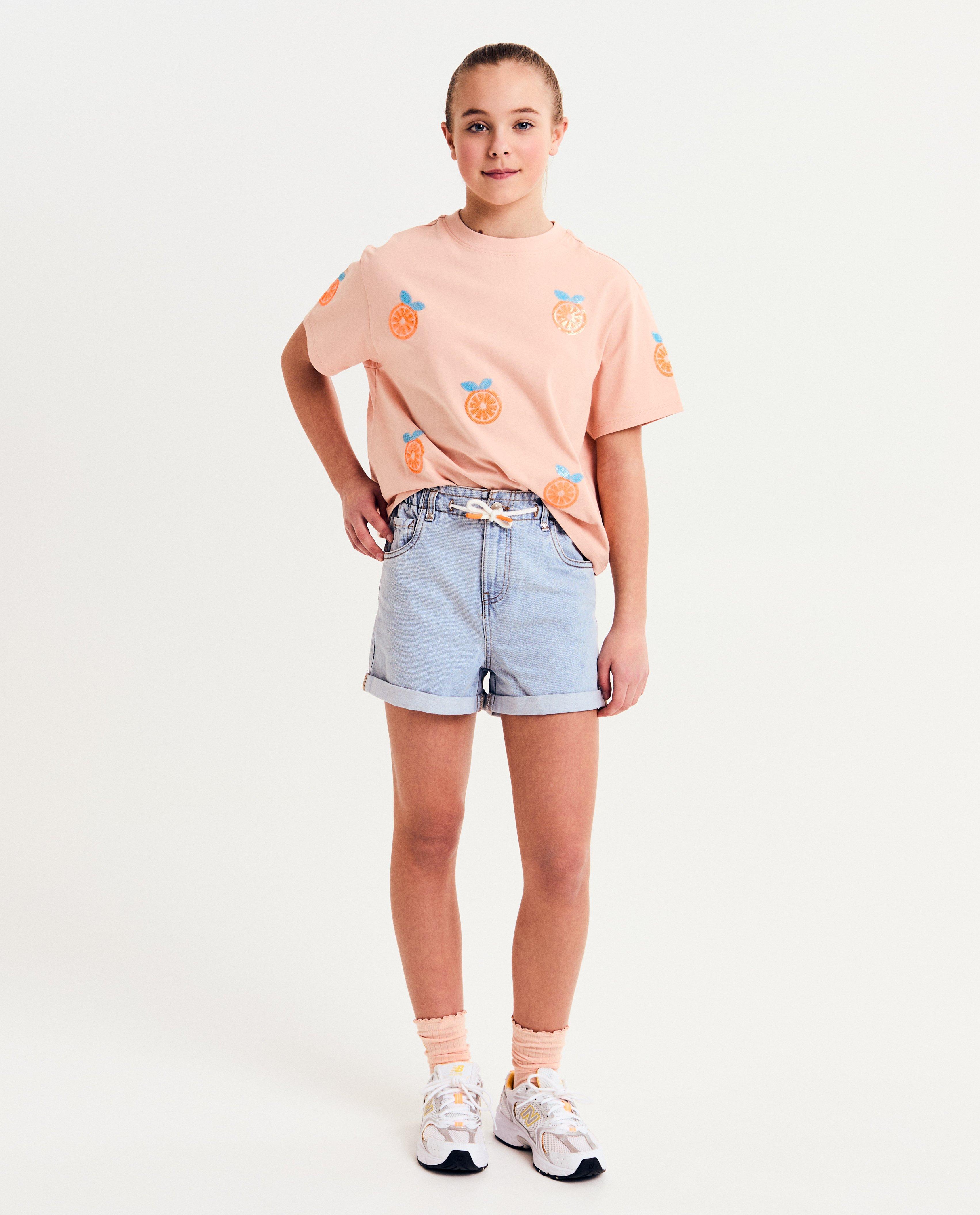 Tricou Fish & Chips cu paiete portocaliu deschis