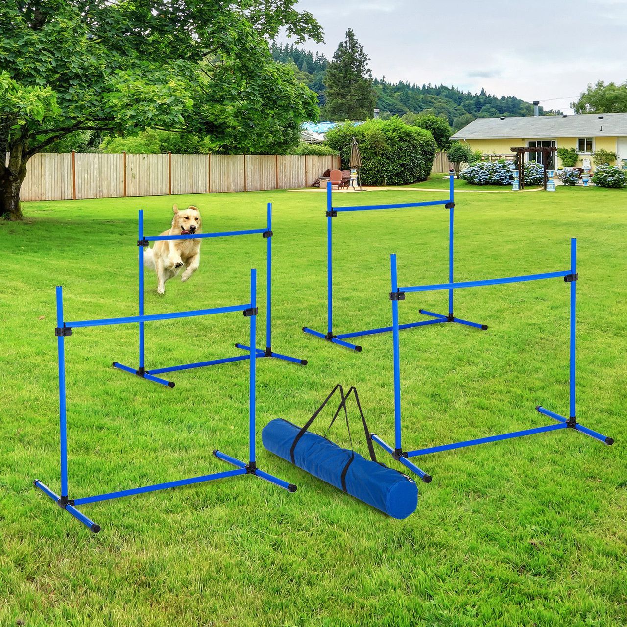 PawHut Agility Hürdenset Slalom Stangen Hunde Training Set 4 x Hürden Blau