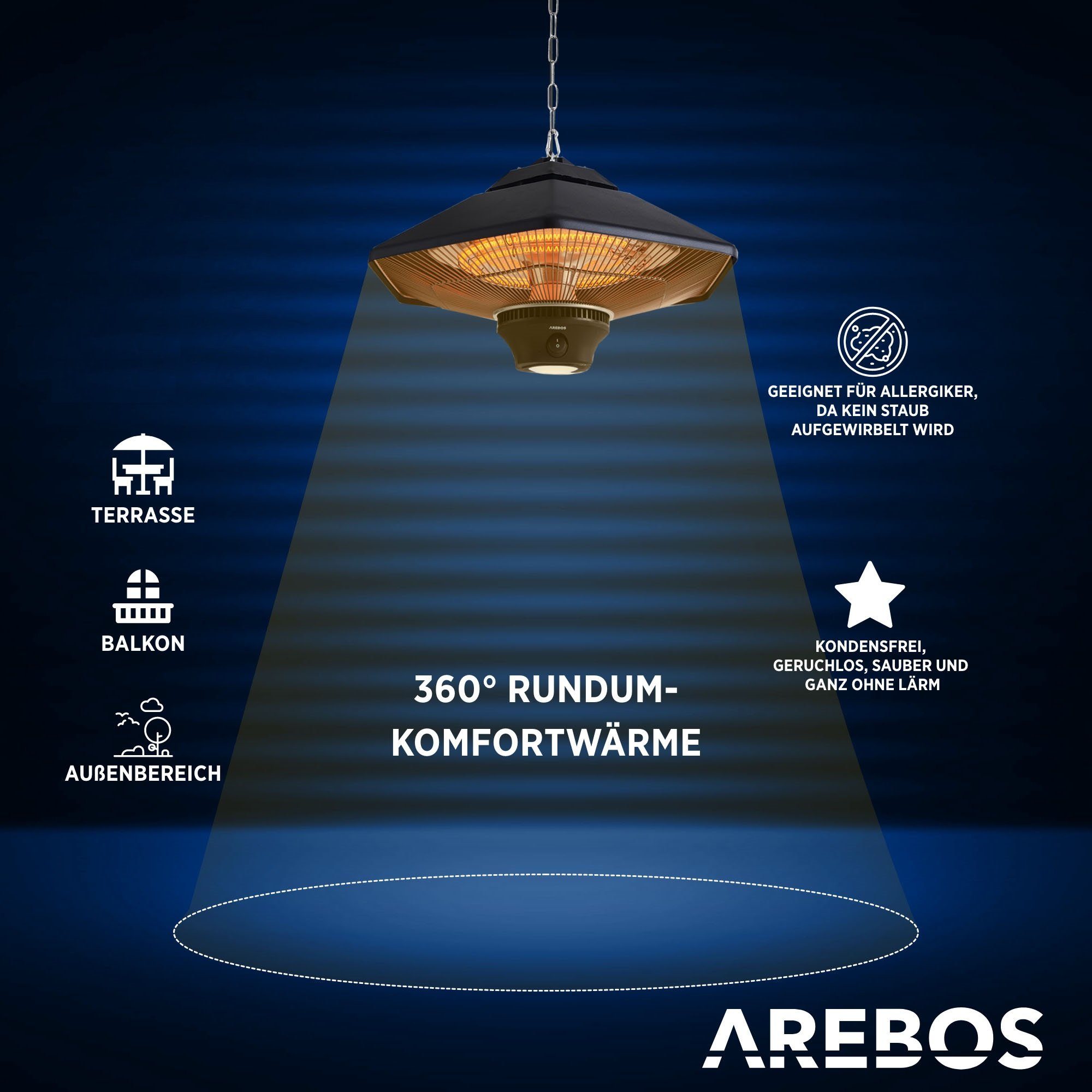 Arebos Terrassenstrahler Deckenheizstrahler 2000 W + Fernbedienung, 3 Heizstufen, zuschaltbare LED Beleuchtung, 2 Halogenlampen
