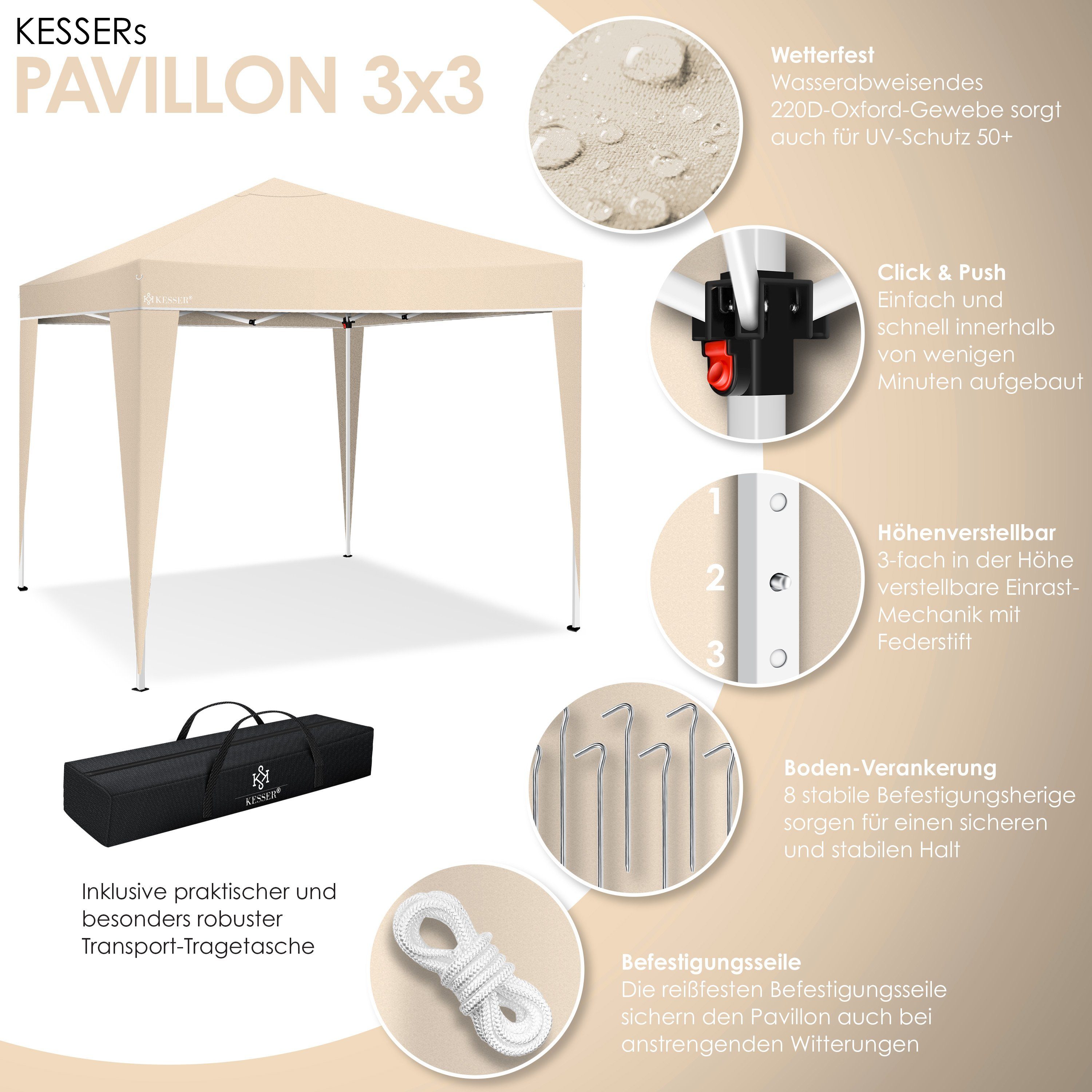 KESSER Pavillon, Pavillon 3x3m wasserdicht inkl. Tasche Pop-Up Klicksys