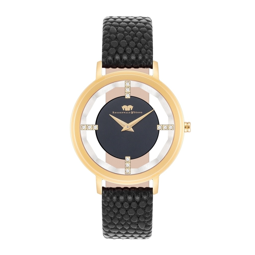 Rhodenwald & Söhne Montre à quartz Lucrezia en Or jaune Cuir véritable en Noir Montre