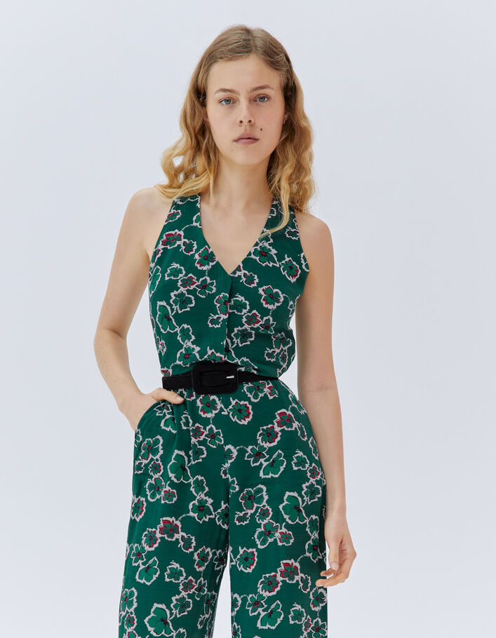 Combinaison pantalon verte imprimé maxi fleurs Femme