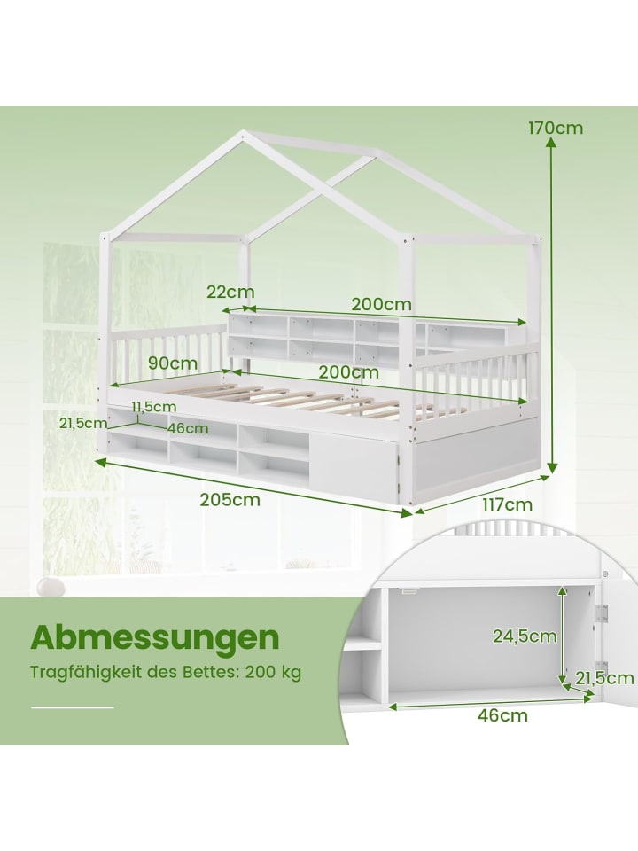 COSTWAY Kinderbett 90x200cm mit Dach & 14 Fächern in Weiß günstig kaufen onesize