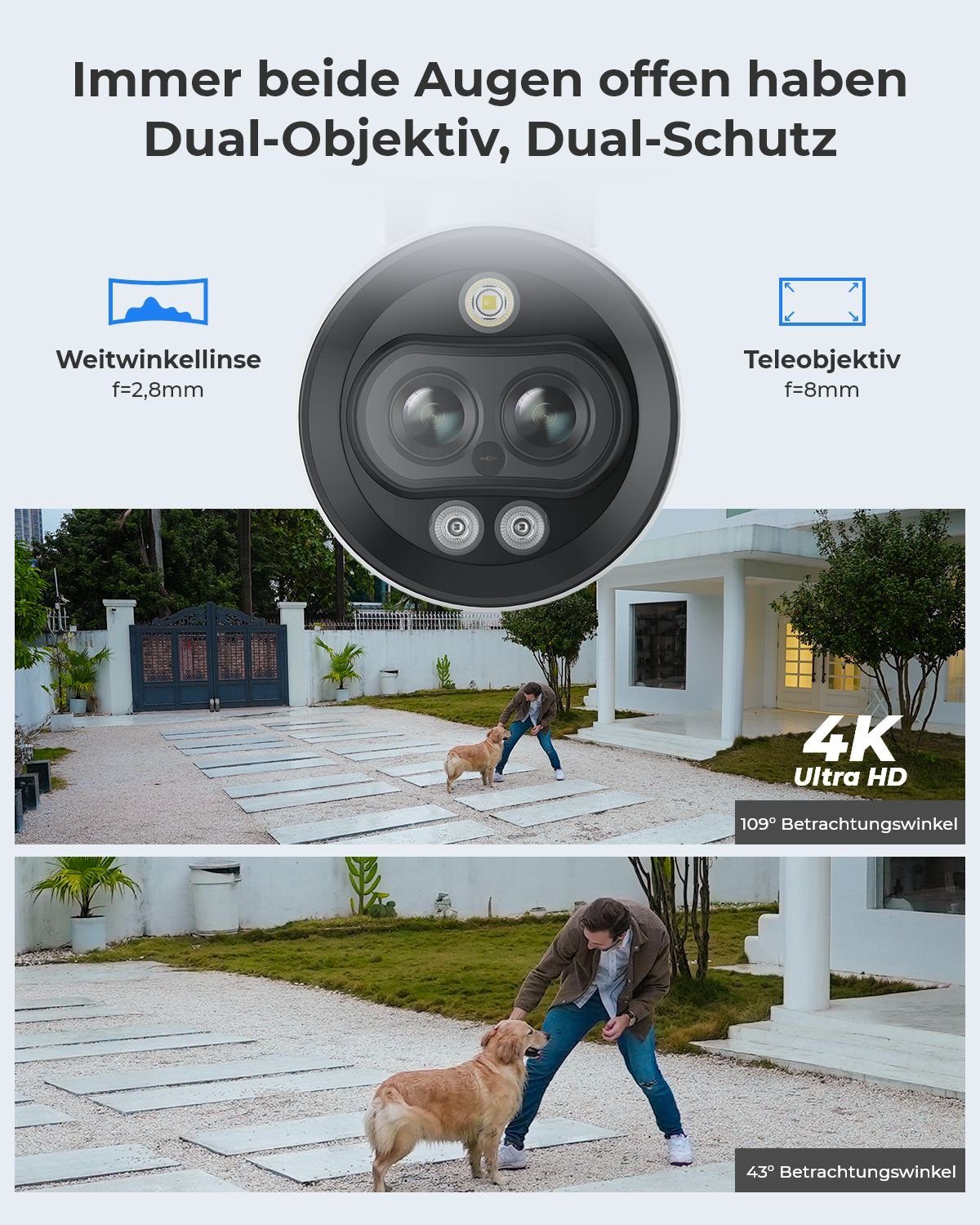 Reolink 4K Intelligente Dual-Objektiv PoE P330M Überwachungskamera (Außenbereich, Farbnachtsicht, Weitwinkel- und Nahansicht, Personen-/Fahrzeugerkennung)