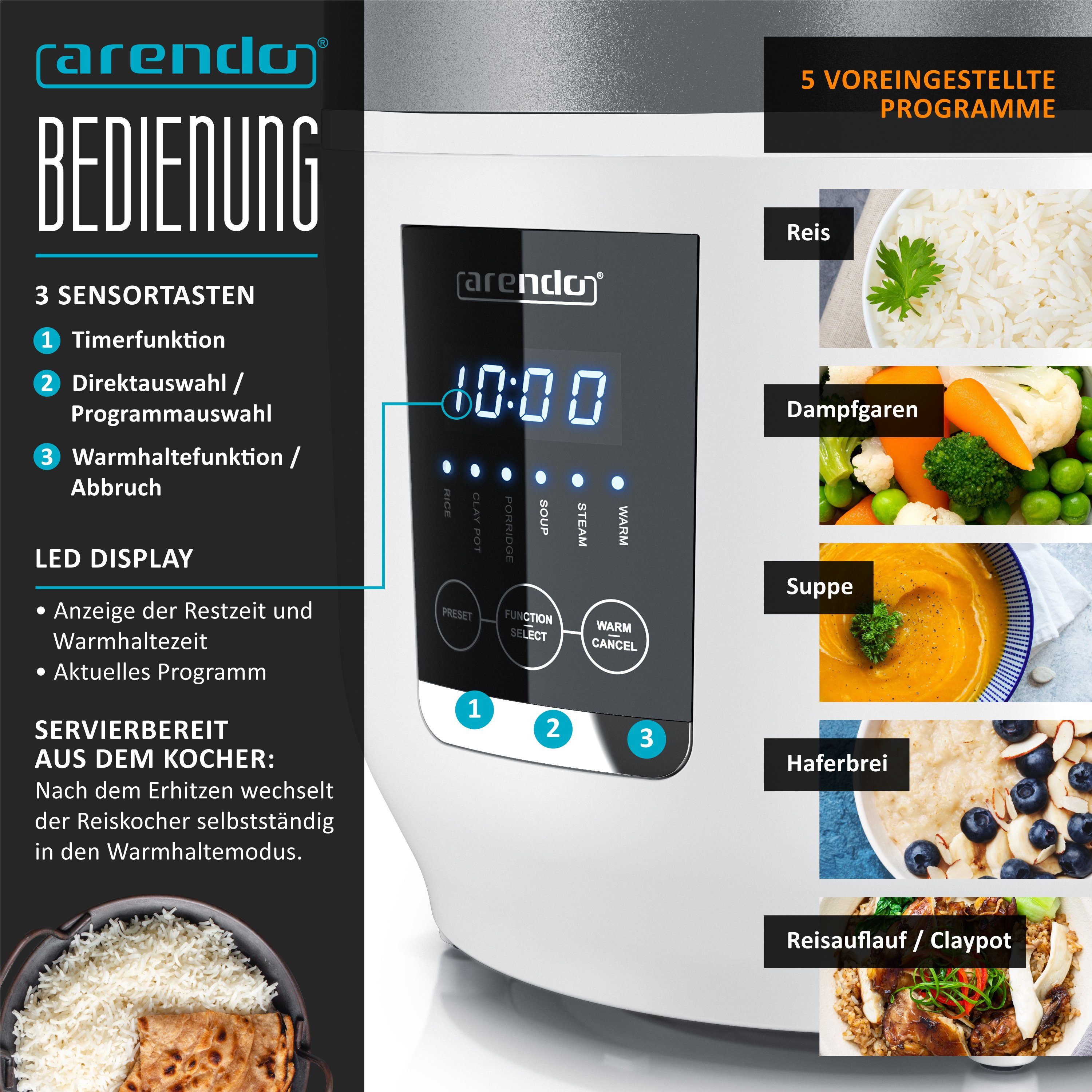 Arendo Reiskocher, 350 W, Digitaler Dampfgarer, Kochprogramme, Timer, Warmhaltefunktion, Display