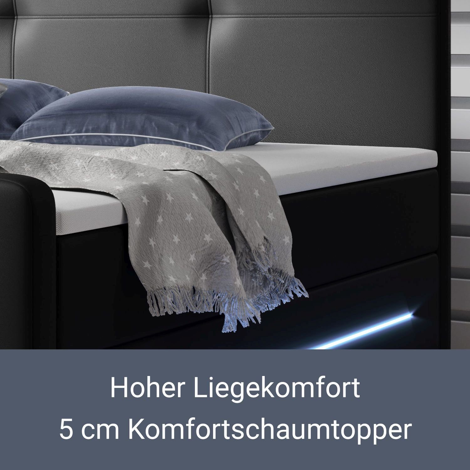 Juskys Boxspringbett Oakland, 140x200 cm, Doppelbett mit Topper, Kopfteil und LED-Beleuchtung