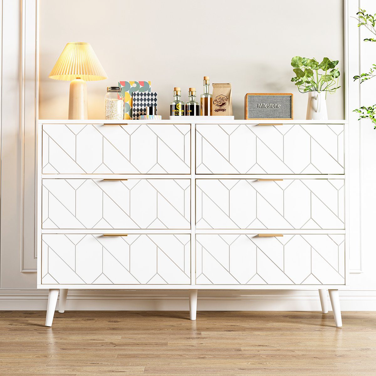 PHOEBE CAT Sideboard (Kommode mit 6 Schubladen), Highboard für Schlafzimmer & alle Wohnräume, 120x39.5x80.5cm