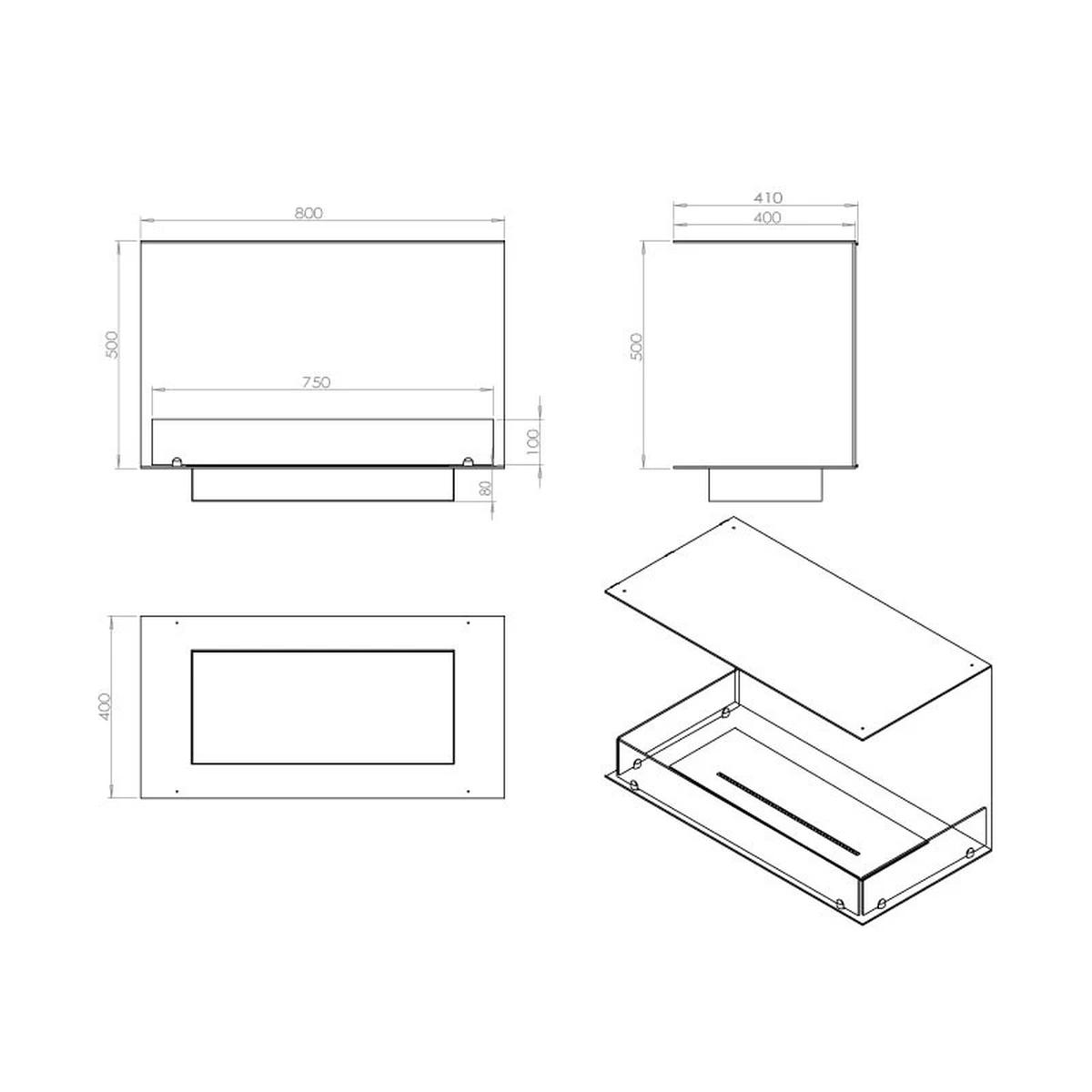 Foco Foco Three 800, dreiseitiger Bioethanol-Kamin zur Wandmontage, manueller oder automatischer Brenner, 3,2 kW