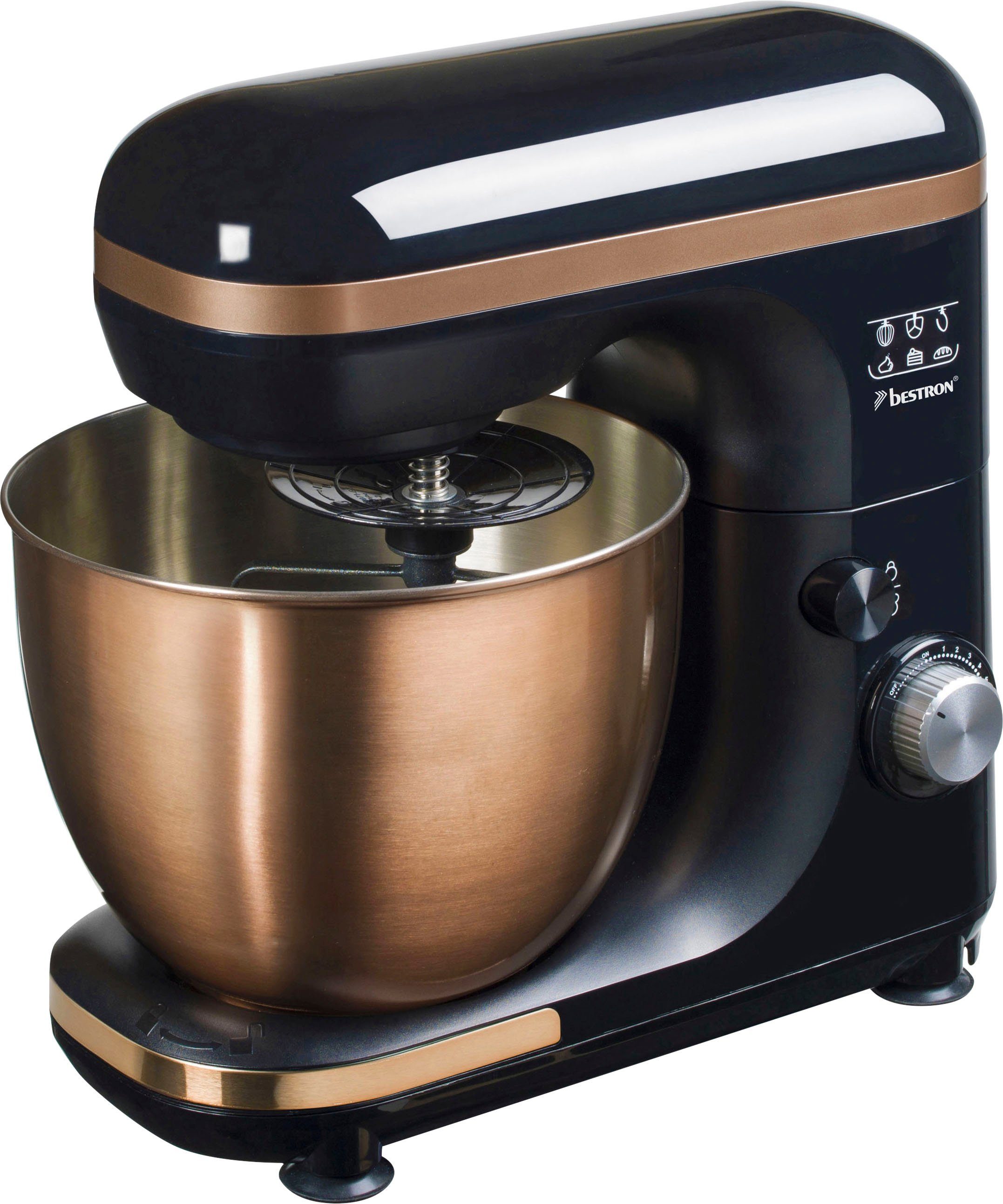 bestron Küchenmaschine AKM900CO 4-in-1, 1000 W, 5 l Schüssel, 7 Geschwindigkeiten, inkl. Schneebesen, Knethaken, Spritzschutz