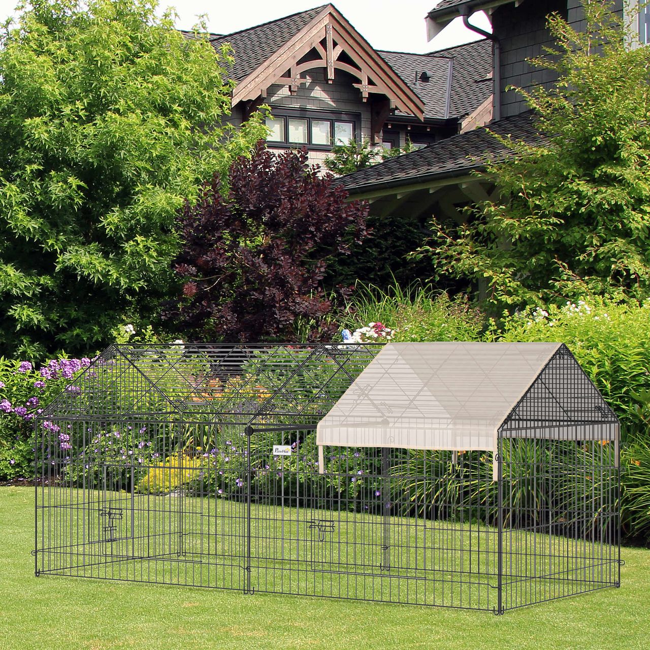 PawHut Freigehege Freilaufgehege Hasenkäfig mit Sonnenschutz Metall Beige Schwarz 220 x 103 x 103 cm