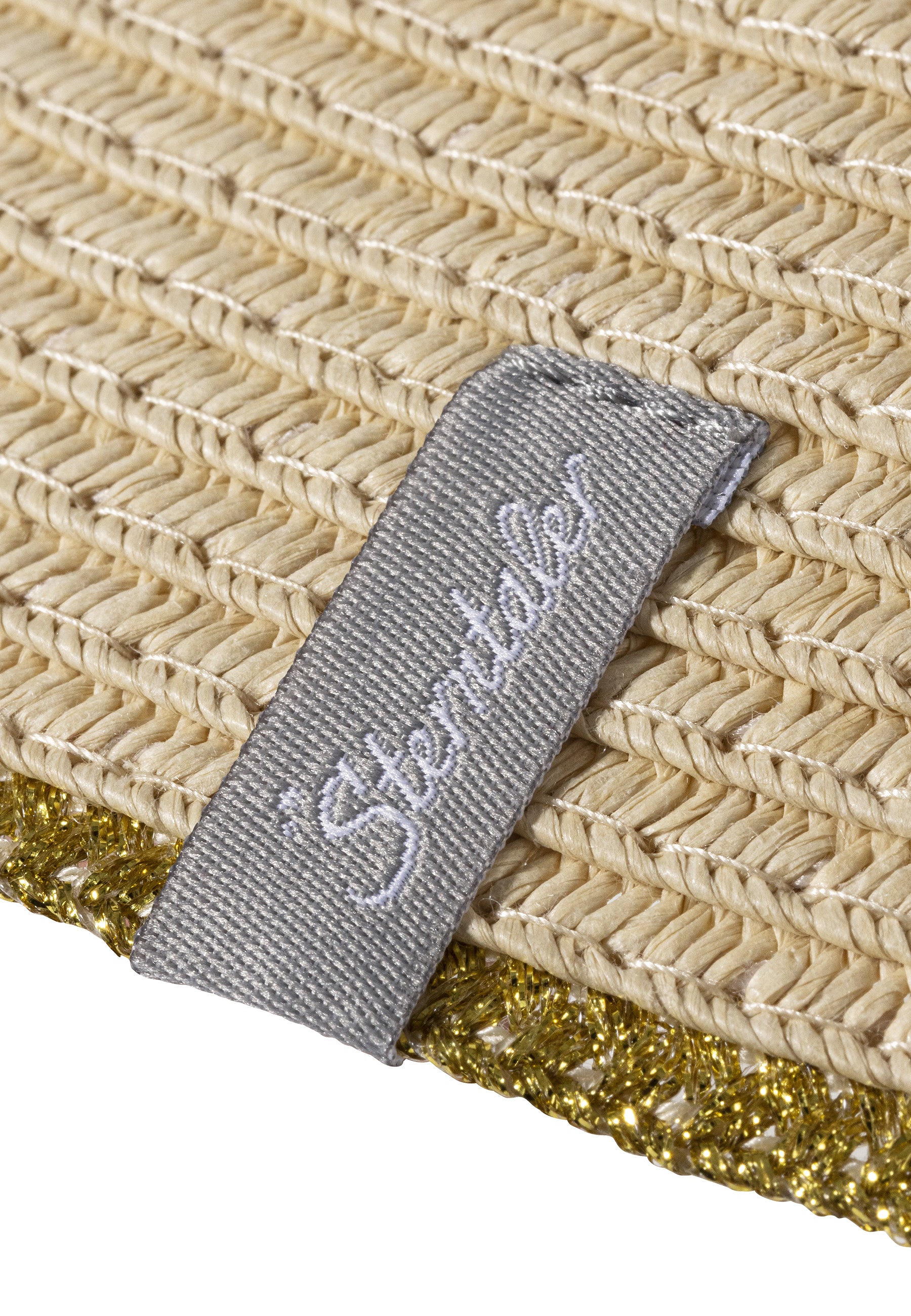 Strohhut mit breiter Krempe und goldfarbenem Rand