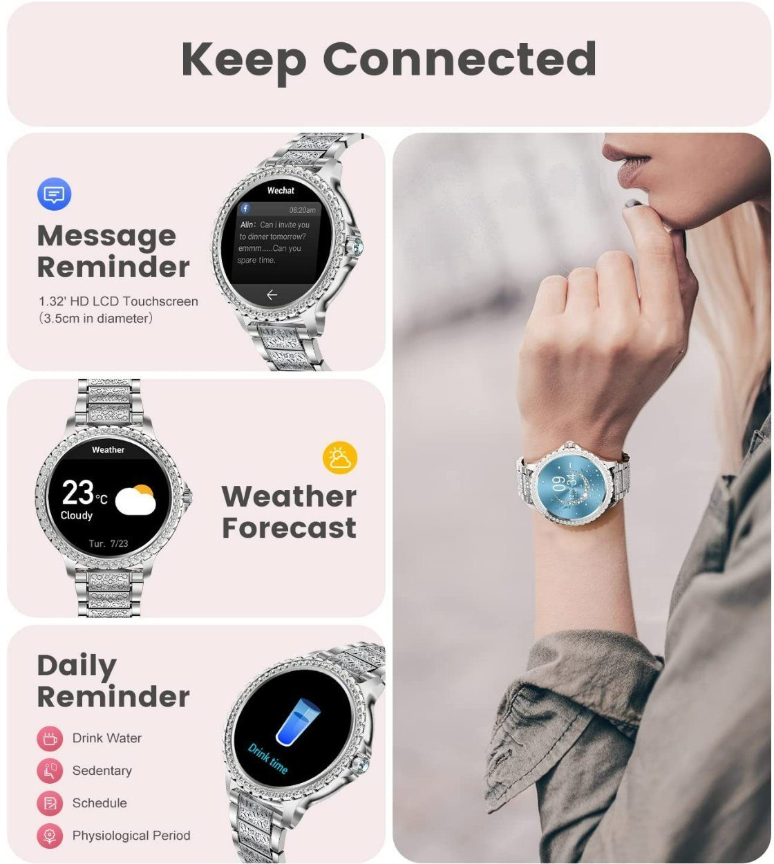 Lige Smartwatch, Damen Elegant Mit Telefonfunktion Wasserdicht Rund Silber Smart Watch