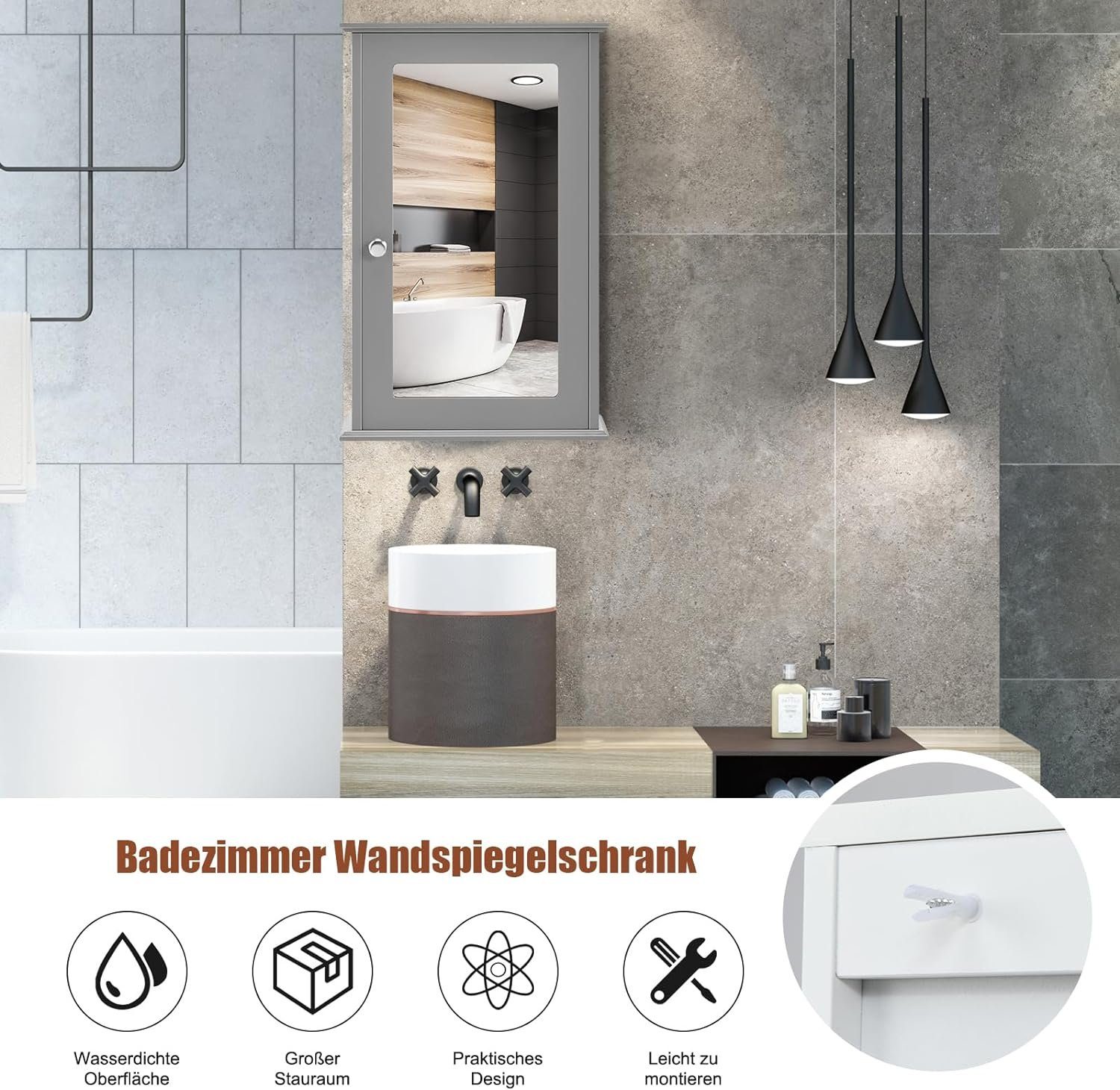 KOMFOTTEU Spiegelschrank mit Verstellbarer Ablage 34 x 15 x 53 cm