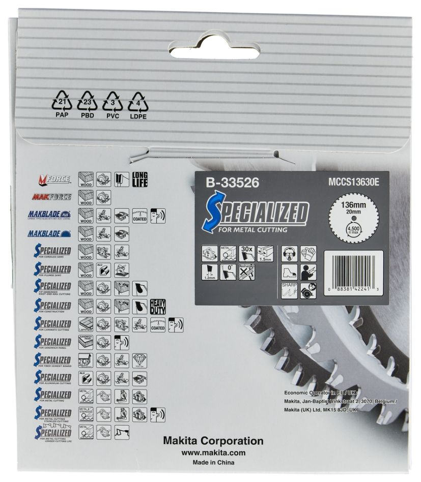 Makita Zubehör B-33526 Kreissägeblatt aus Baustahl, Spezialgröße 136x20x1,5 mm, 30 Zähne, 0 g
