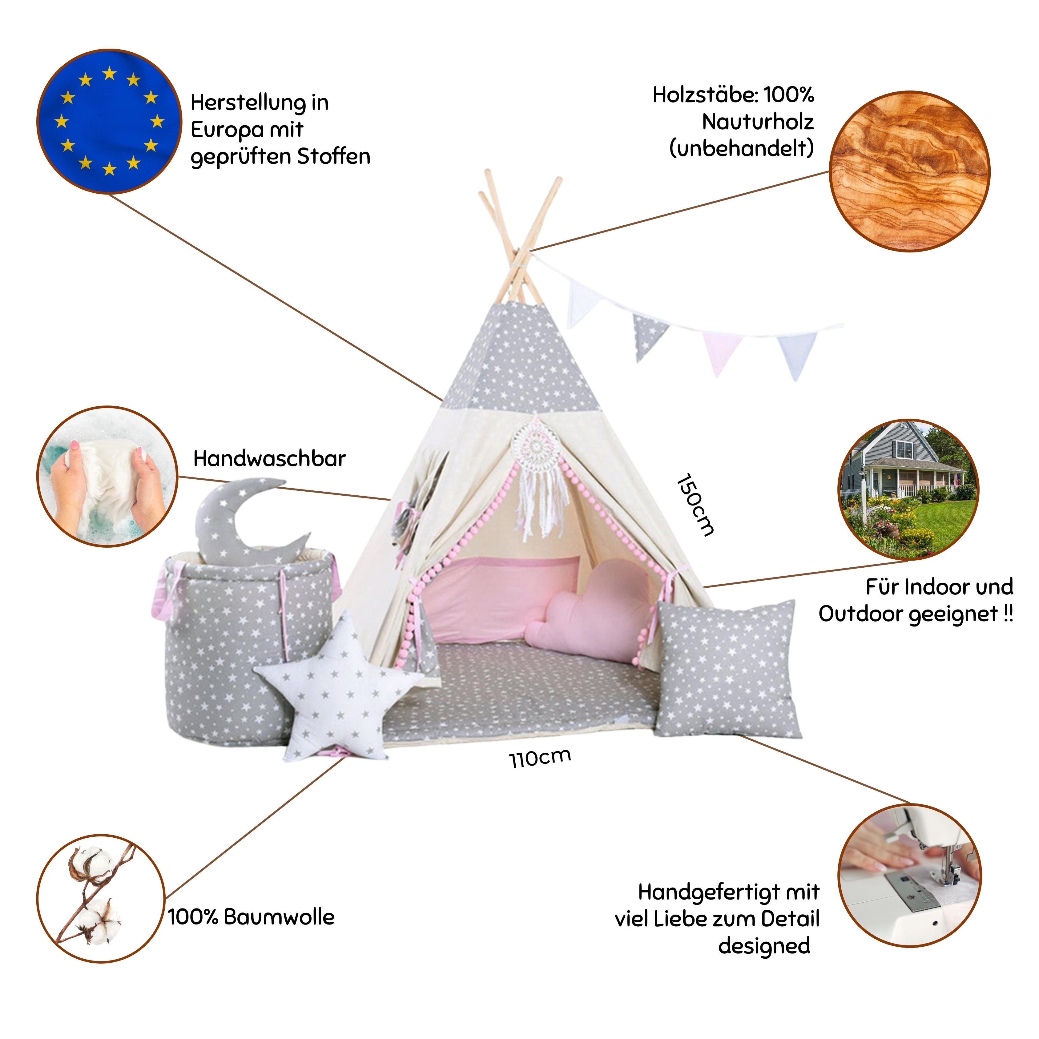 Rainbow Kids Tipi-Zelt Wolf Stern Rosa, Personen: 2 (mit Zubehör, 8 tlg., mit 4 Kissen, Matte, Spielzeugkorb und Wimpelkette)