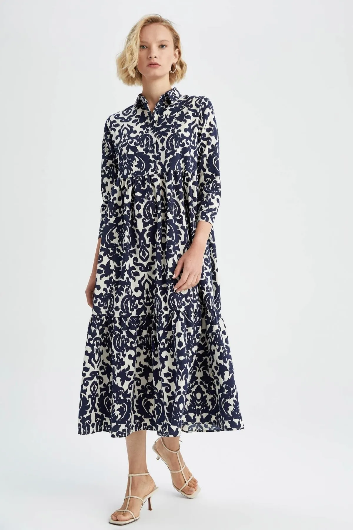 DeFacto  Maxi-Langarmkleid mit Hemdkragen und Retro-Muster