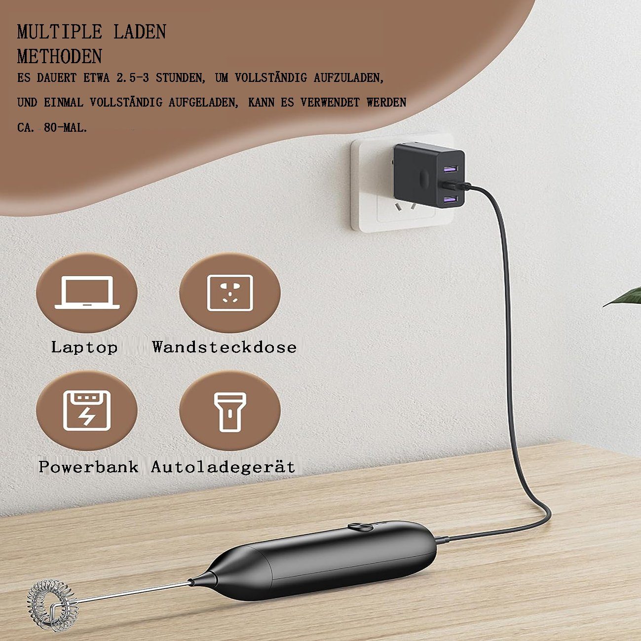 flowgoer Milchaufschäumer Elektrischer Milchaufschäumer, USB-Aufladung, Handaufschäumer, Eingebauter wiederaufladbarer 500-mAh-Lithium-Akku, tragbares Design
