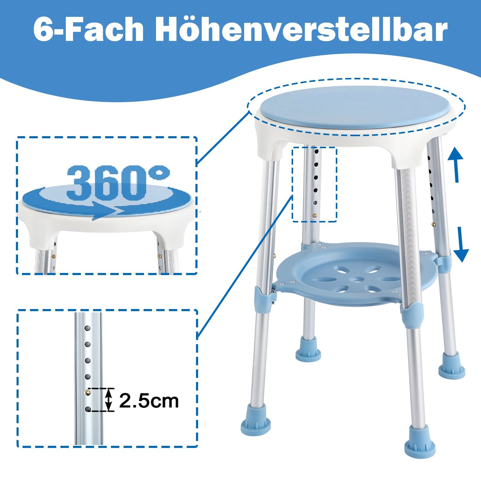 UISEBRT Duschhocker Drehbarer Duschstuhl, Höhenverstellbar mit Ablage
