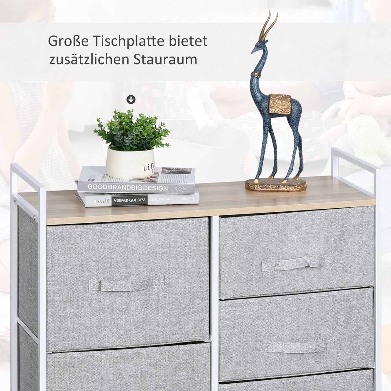 HOMCOM Schubladenschrank, Aufbewahrungsschrank, Stoffkommode mit 5 Stoffschubladen, Stoff  Holz  Metallrahmen, Grau, 83 x 29 x 77 cm