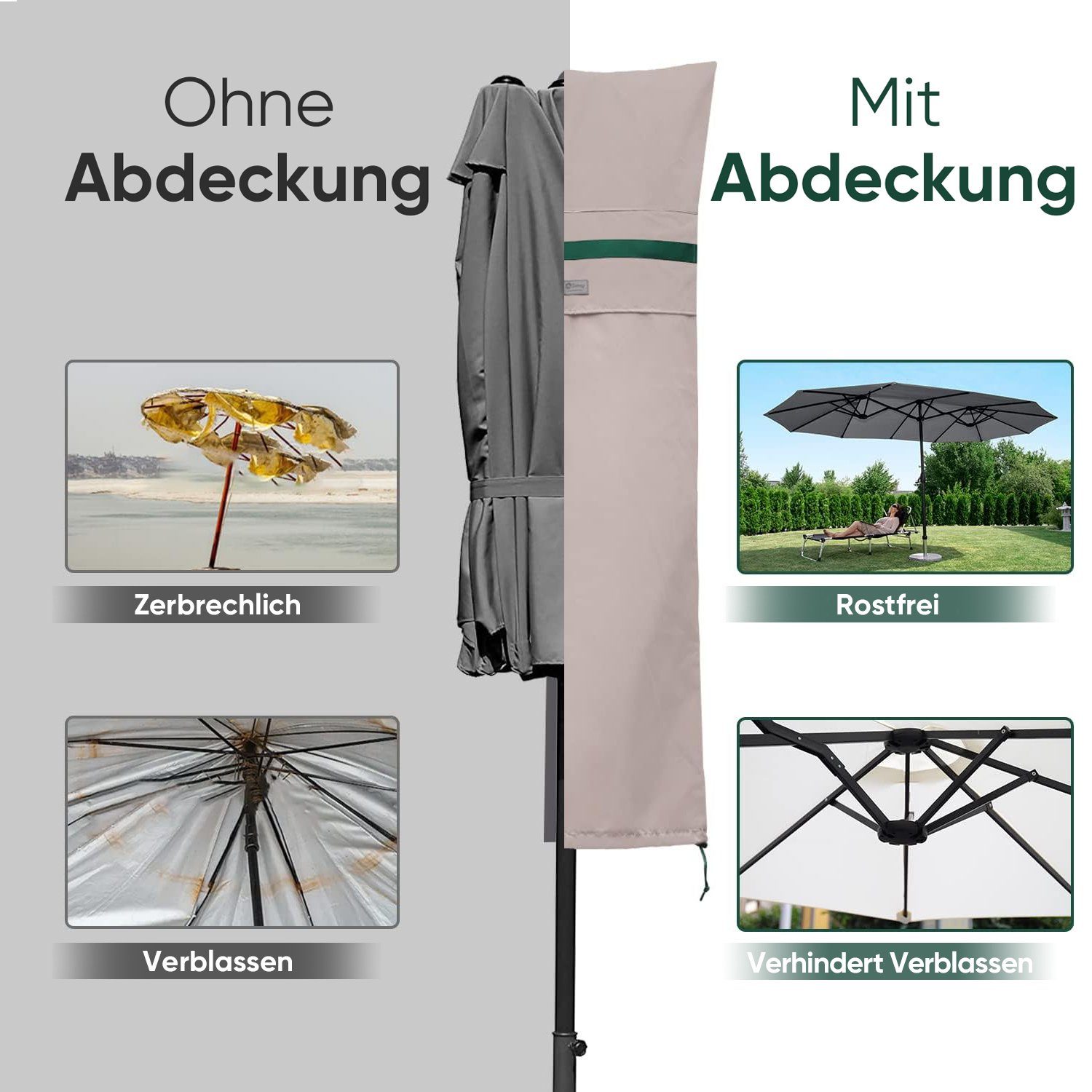Sekey Sonnenschirm-Schutzhülle Doppelsonnenschirm Abdeckhauben mit Stab und Reißverschluss, Winterfest, Wasserabweisend, Wetterfest, Robust, Reißfest