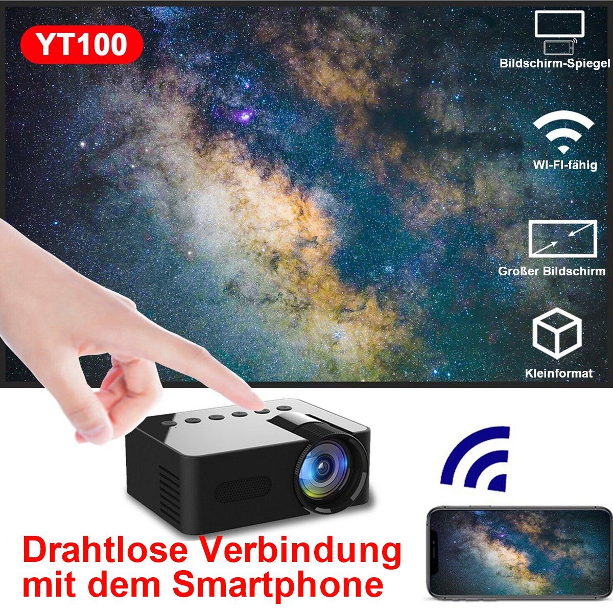 Yoyaxi Home Black Micro tragbarer Mini-Projektor LED-Beamer (Drahtlose HD-Projektion für kleine Mobiltelefone für zu Hause)