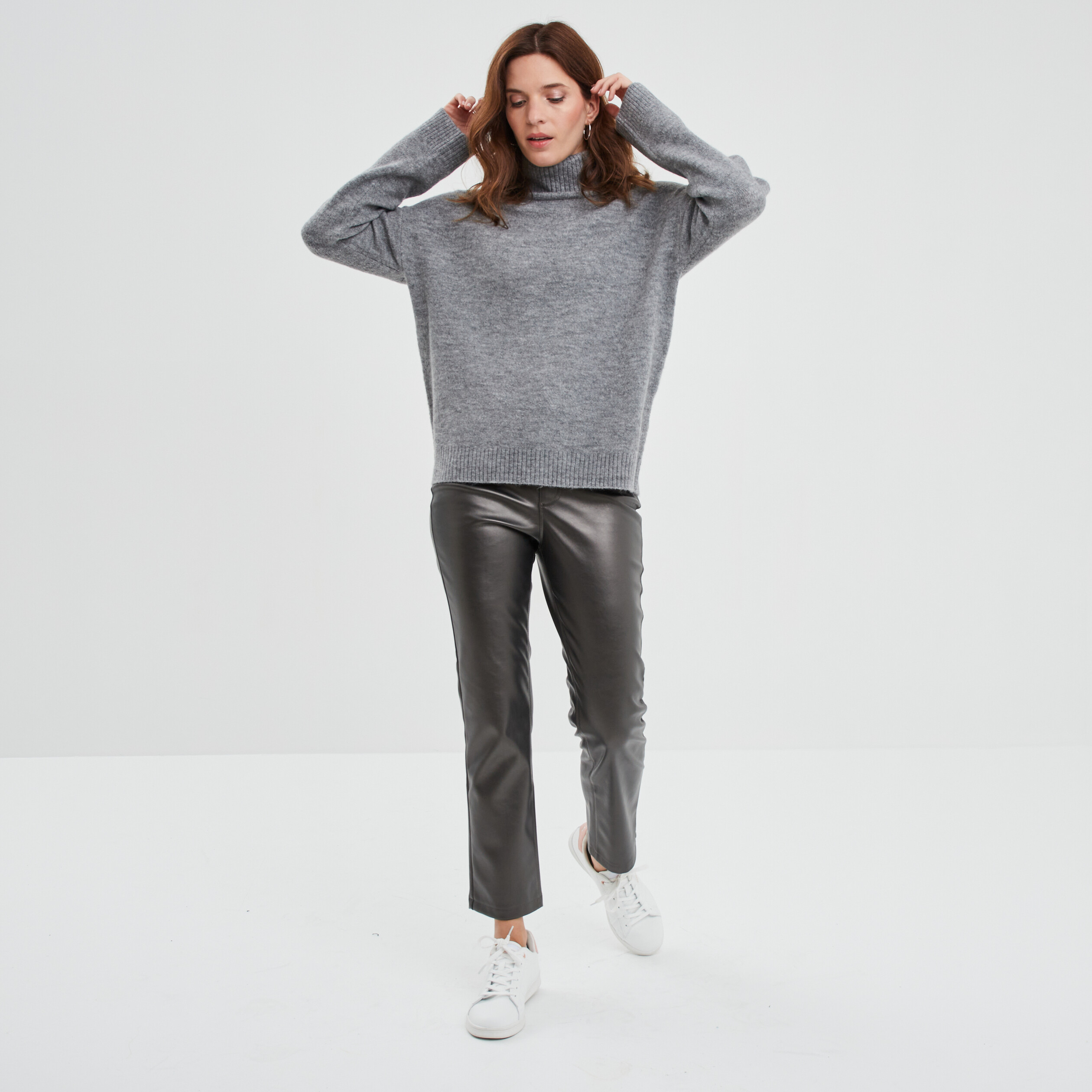 Pull col roulé droit manches longues gris clair femme | La Halle