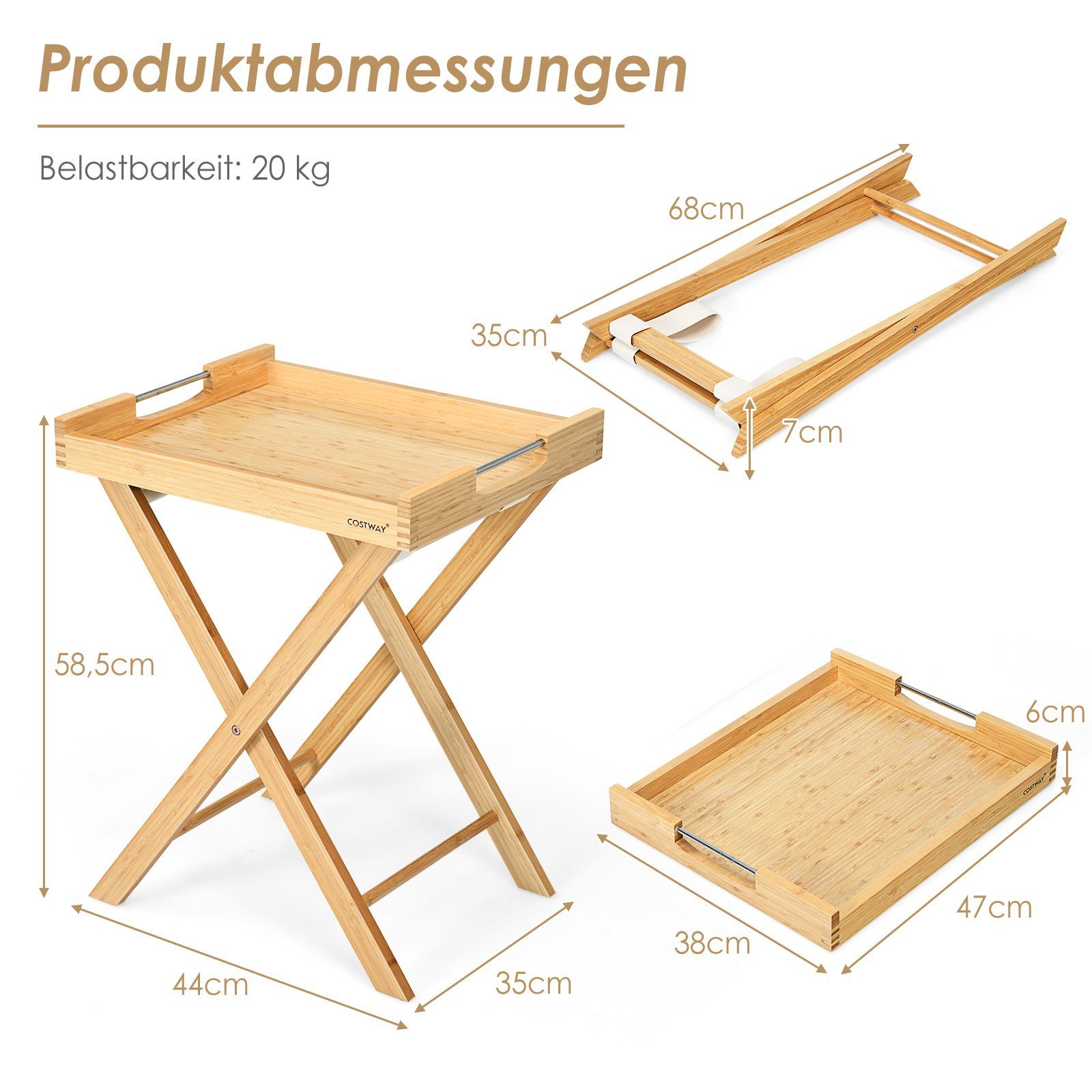 COSTWAY Klapptisch, mit integrierten Griffen & abnehmbarem Tablett, tragbar