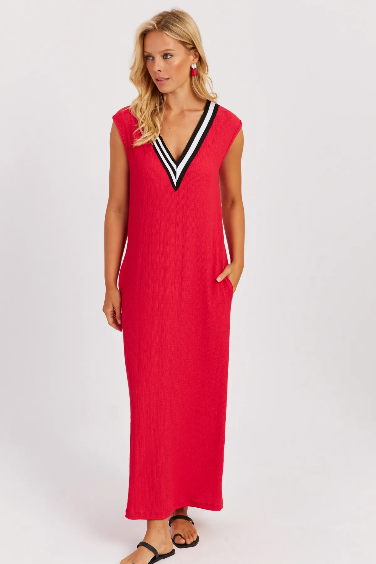 Cool & Sexy  Rotes Damen-Maxikleid mit V-Ausschnitt und Blockmuster EY2779