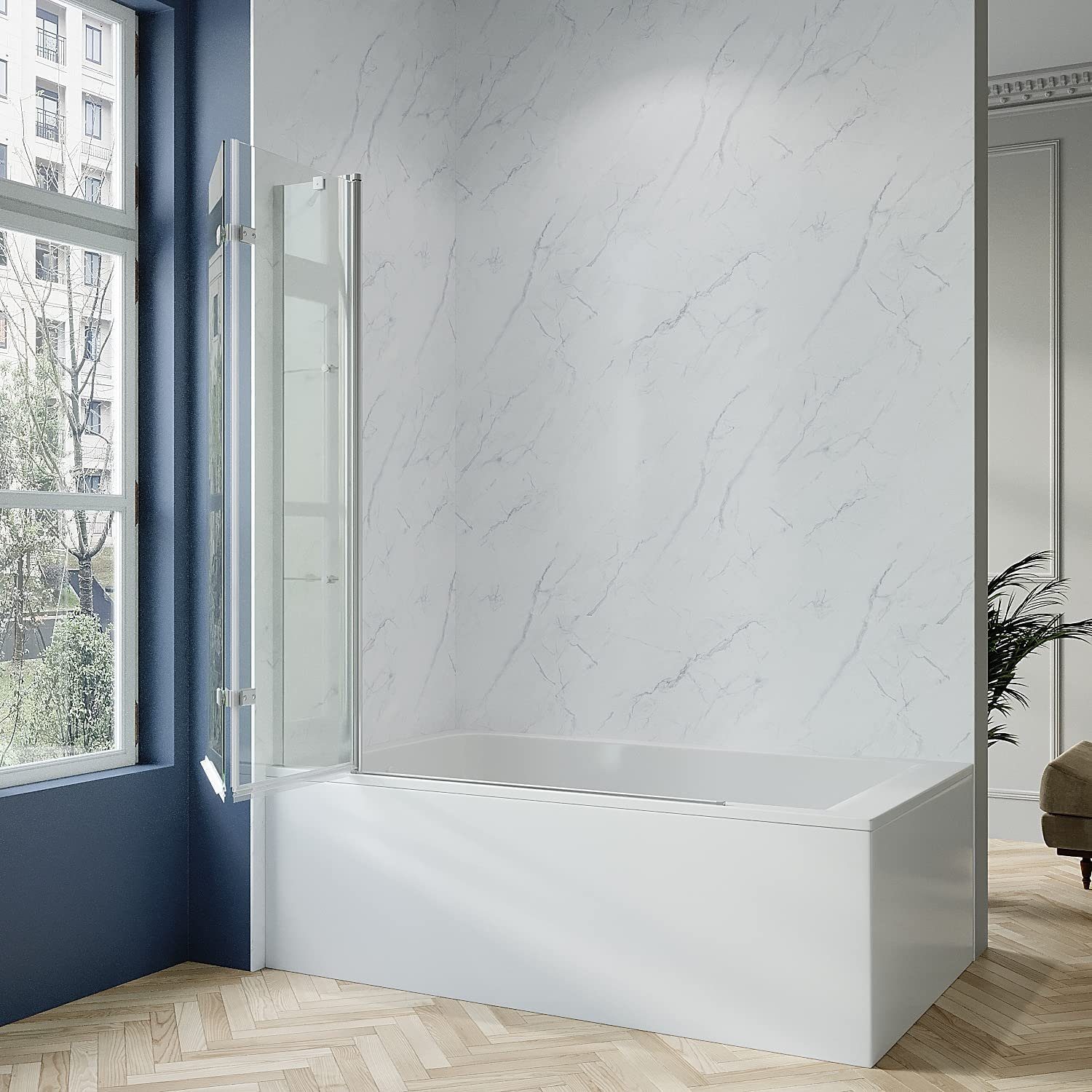 AQUABATOS Badewannenaufsatz Badewannenaufsatz Duschwand Duschabtrennung faltbar mit Duschablagen, 5 mm Einscheiben-Sicherheitsglas (ESG) mit Nanobeschichtung, Lotuseffekt, großer Verstellbereich, mit Acryl- Duschablage