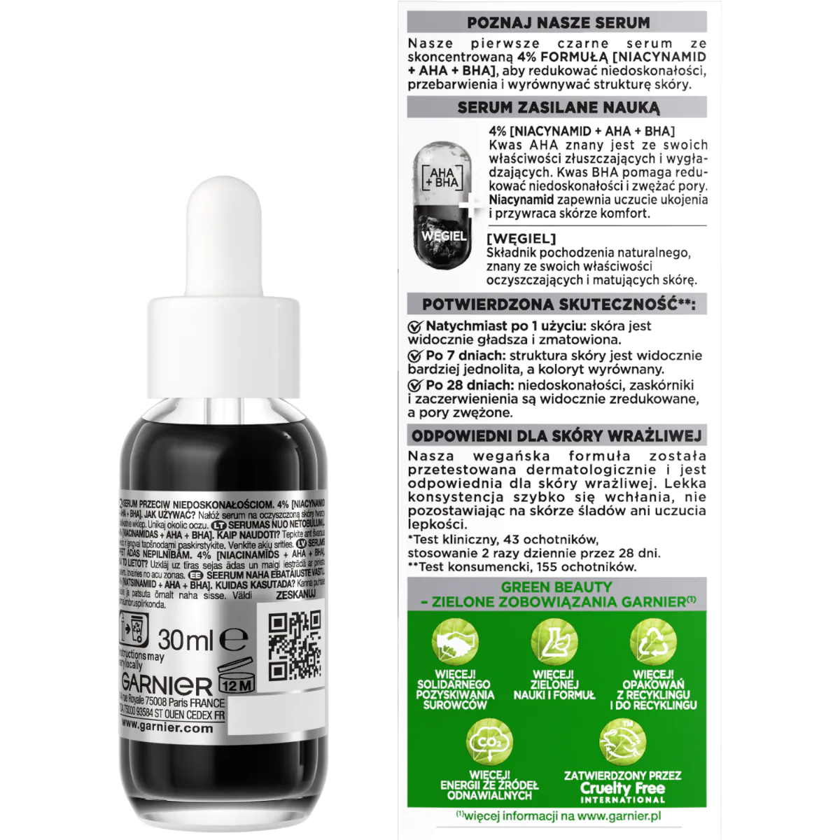 „Garnier Skin Naturals“ grynos odos serumas nuo odos netobulumų su aha, bha ir medžio anglimi