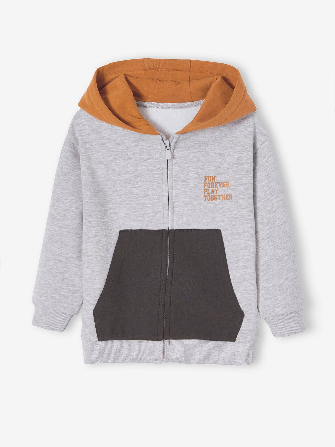 Sweat zippé à capuche sport color block garçon gris chiné