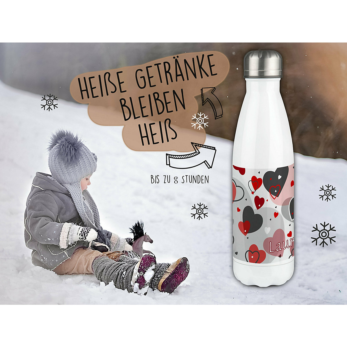 Edelstahl Kinder Thermoflasche / Trinkflasche bunt Herz Farbe rot grau Spülmaschinenfest, Auslaufsicher, Bruchfest, Doppelwandig, Für Heißgetränke geeignet, Mit Deckel, Isoliert