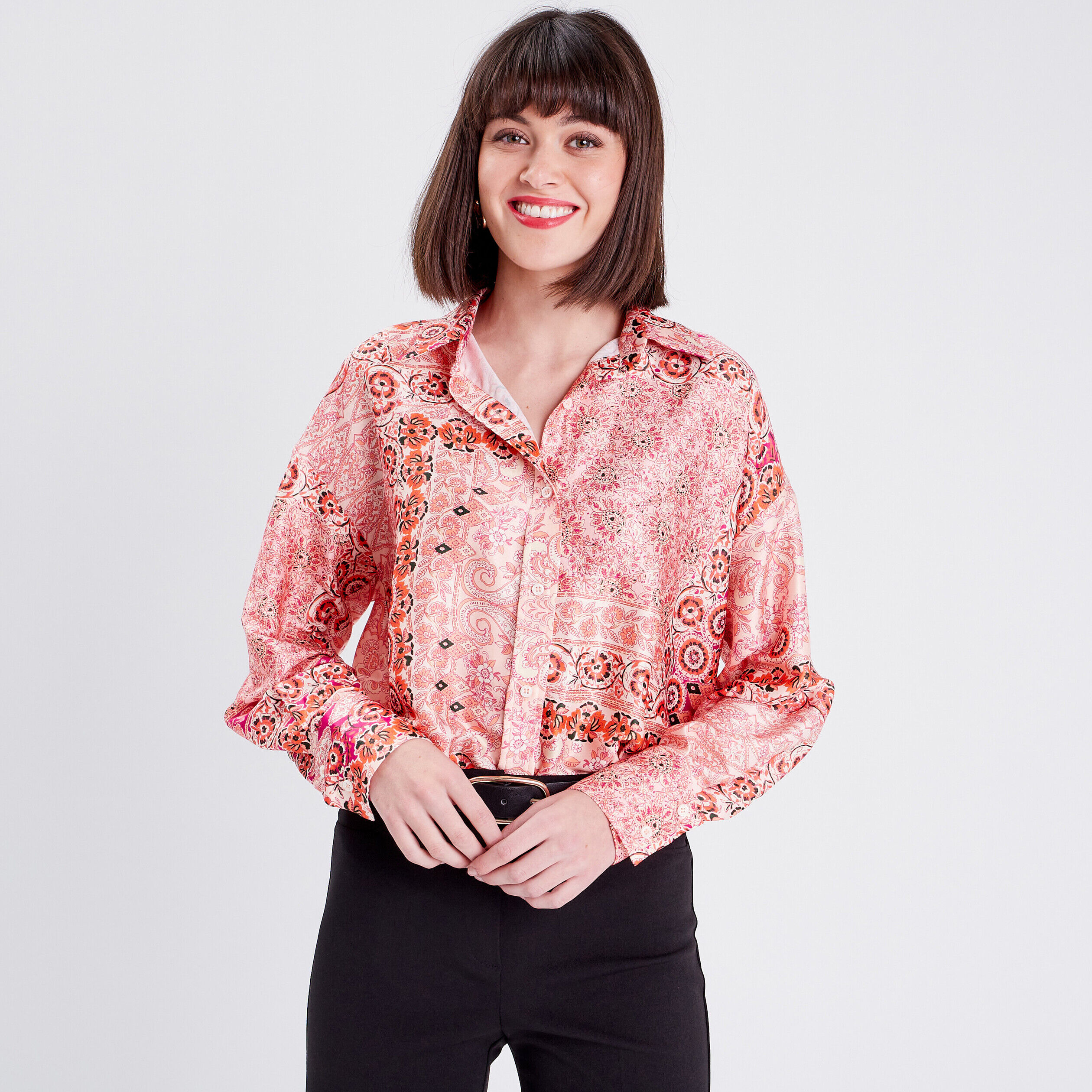 Chemise manches longues satin rose pastel femme | Cache Cache