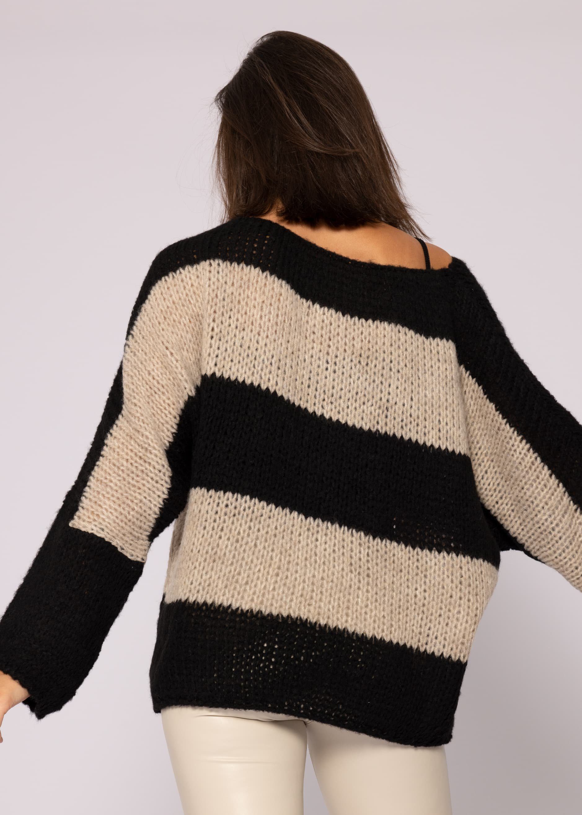 SASSYCLASSY Strickpullover Oversize Pullover Damen aus weichem Grobstrick Lässiger Strickpullover lang mit Streifen, Made in Italy