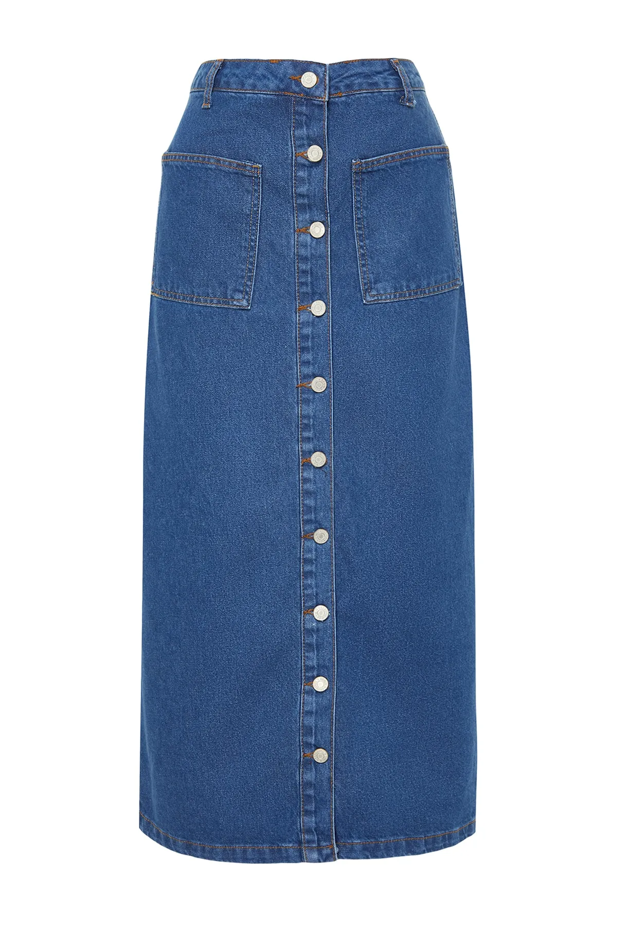 Trendyol Collection  Dunkler Indigo-Jeansrock aus Denim mit doppelter Tasche und hoher Taille TCTSS23EE00002