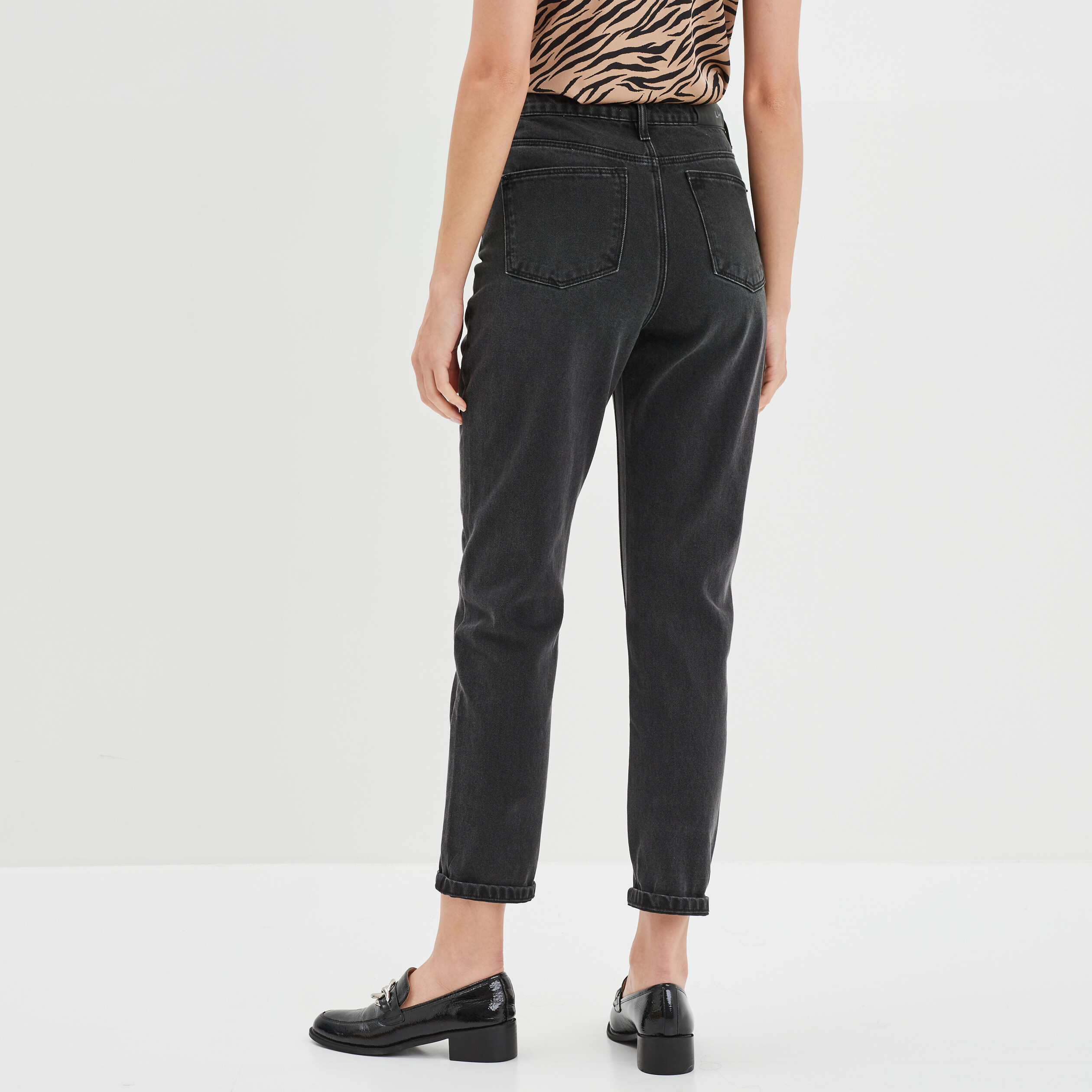 Jeans mom taille haute 7 8ème coton denim noir femme | La Halle