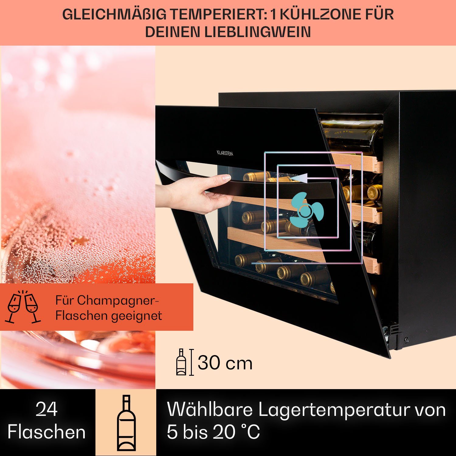 Klarstein Weinkühlschrank Vinsider 24 Built-In Uno, für 24 Standardflaschen á 0,75l,Wein Flaschenkühlschrank Weintemperierschrank Weinschrank Kühlschrank
