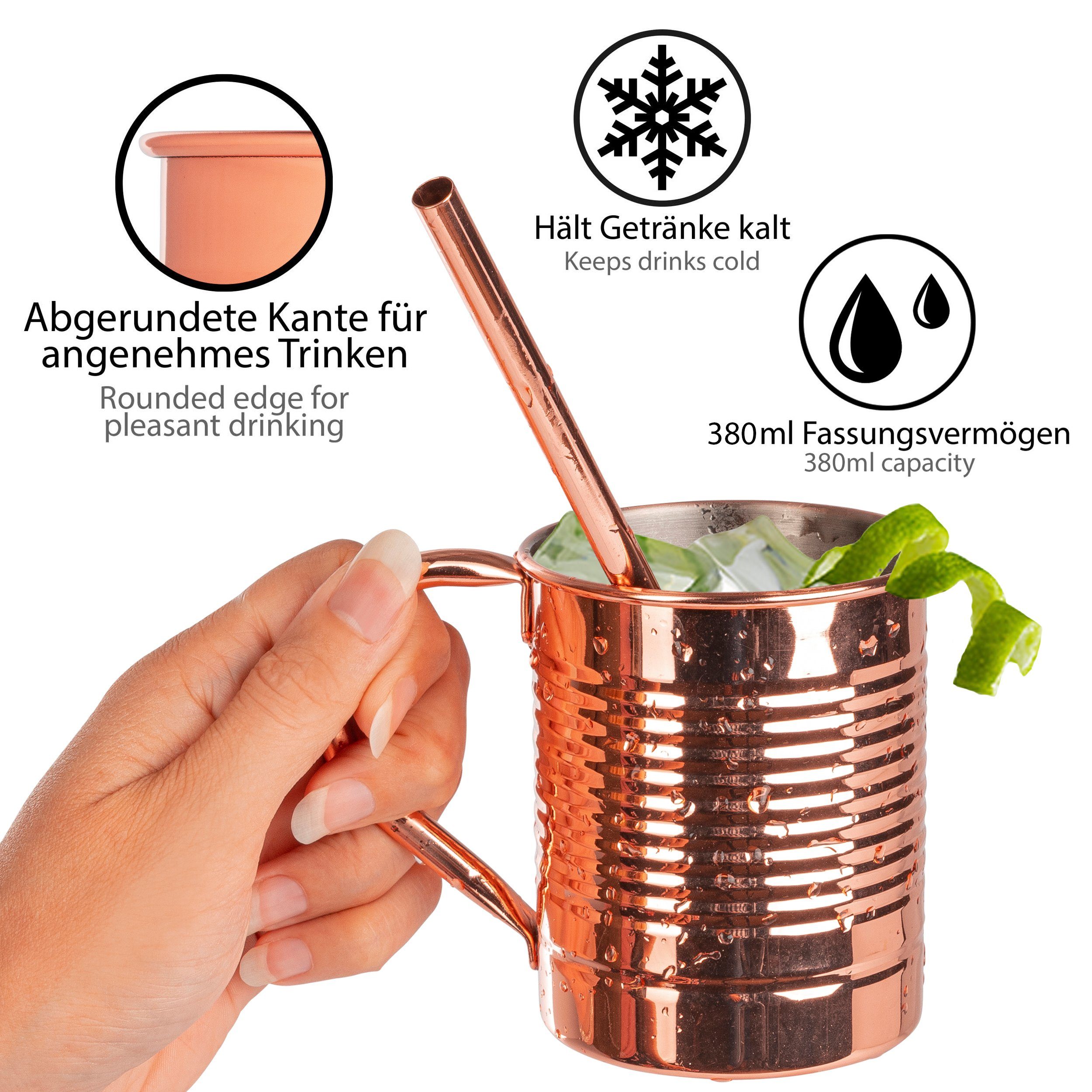 ONVAYA Cocktailglas Moscow Mule Becher Geschenk Set mit 4 Bechern, Barmaß & Strohhalm