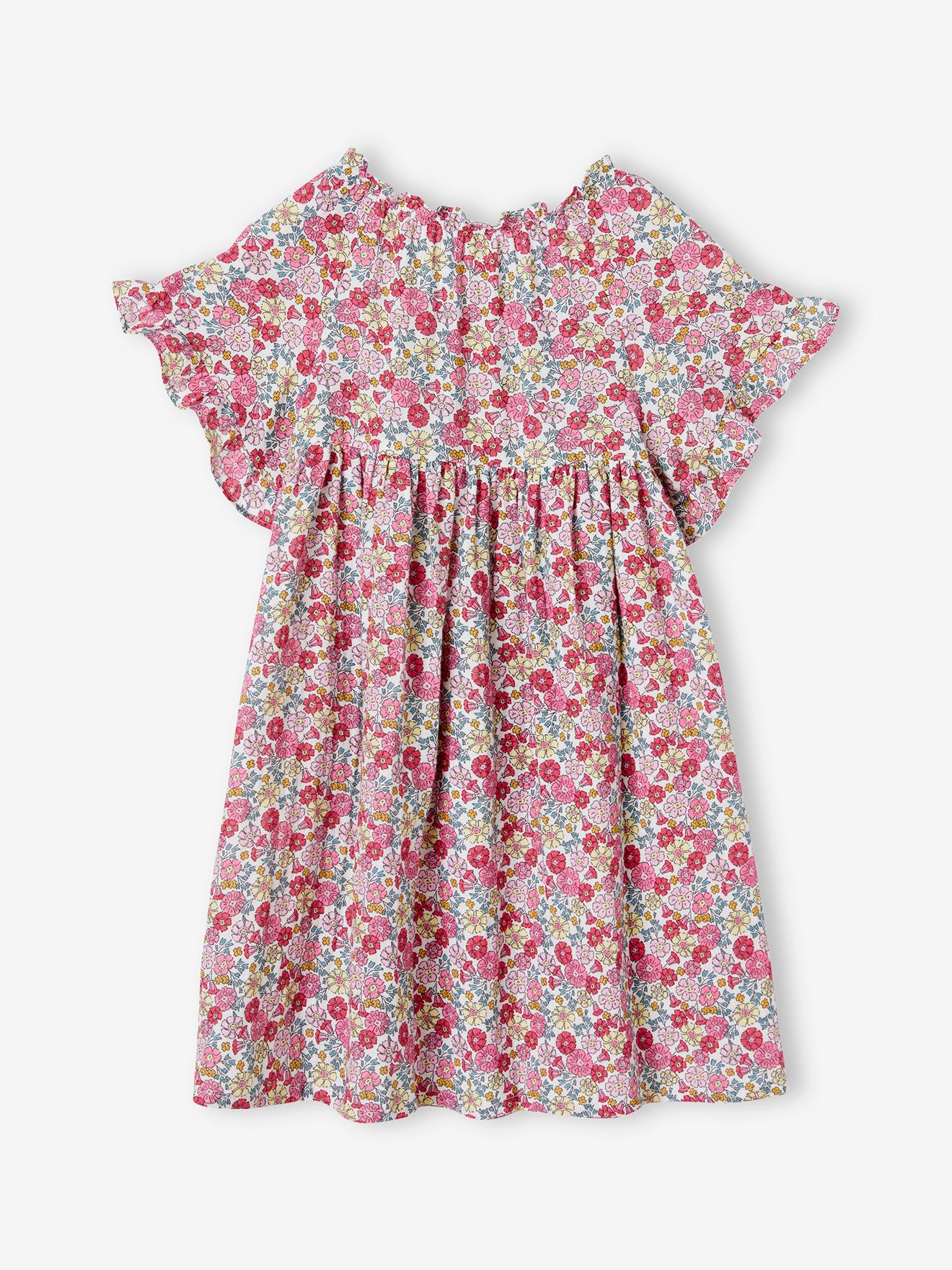 Vertbaudet Geblümtes Mädchen Kleid mit Schmetterlingsärmeln - rosa