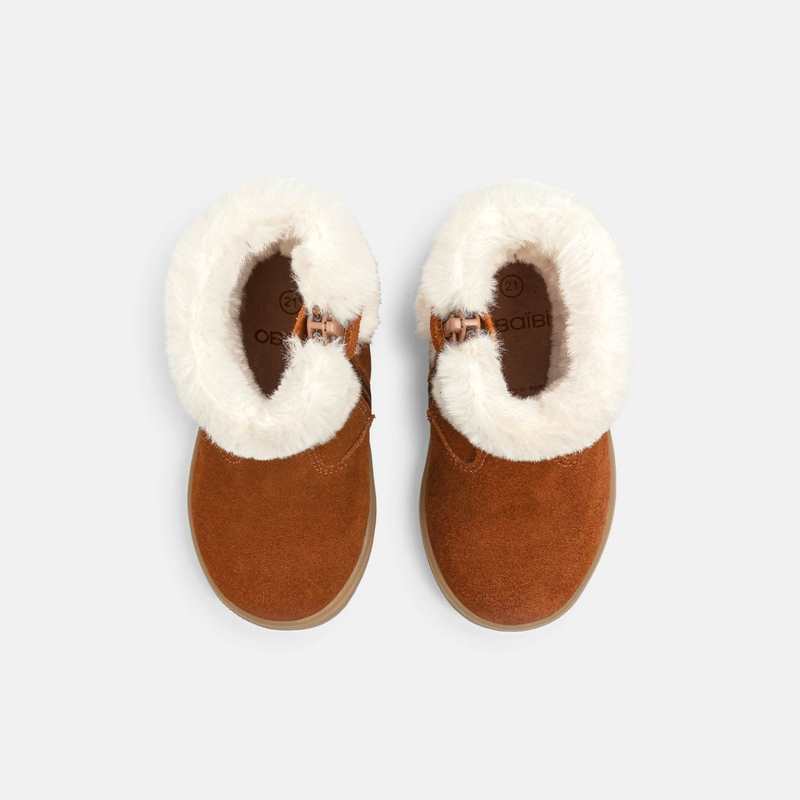 Boots croûte de cuir pailletté à revers fourré beige bébé fille