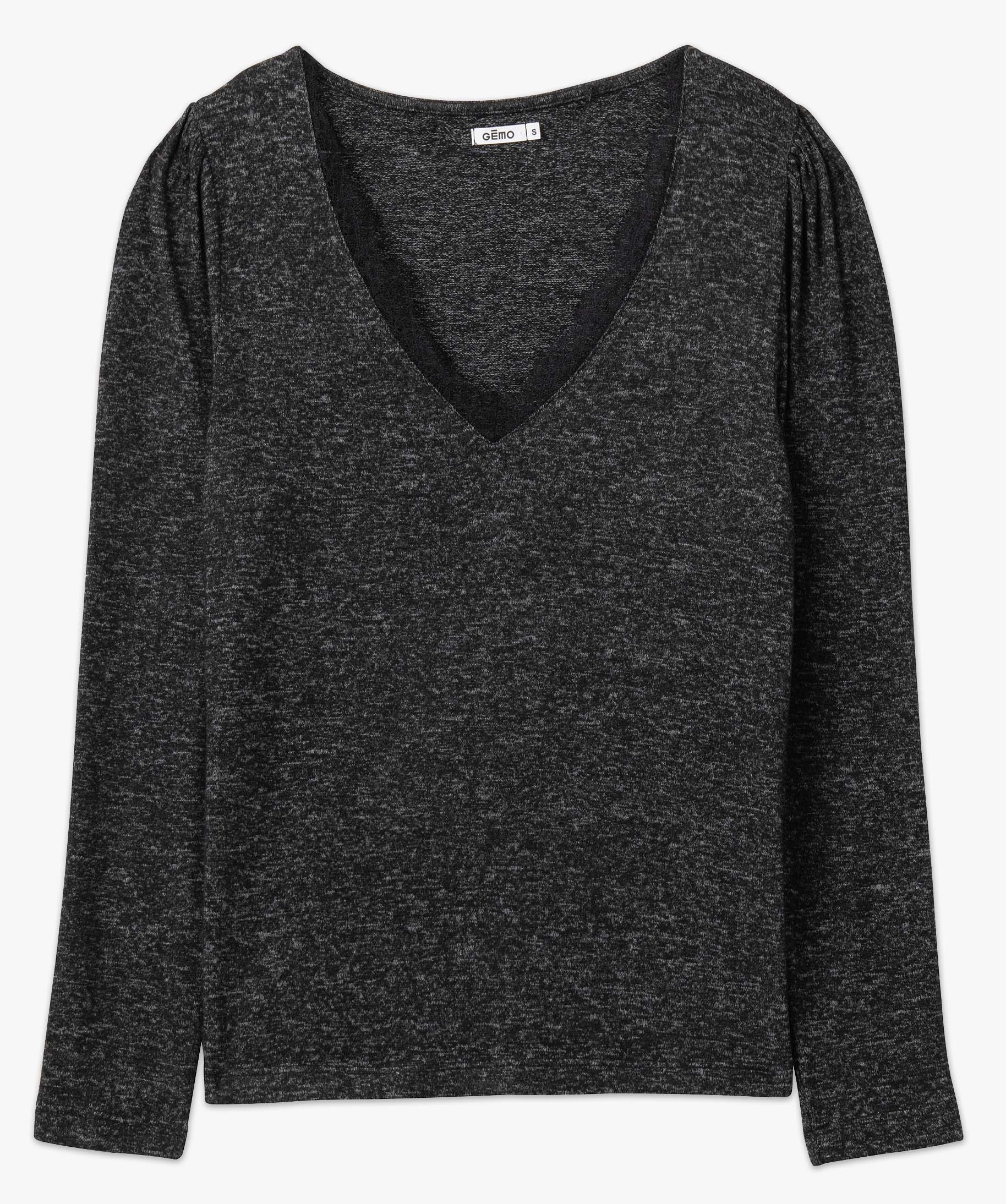 Tee-shirt à manches longues avec col V en dentelle femme noir | GEMO