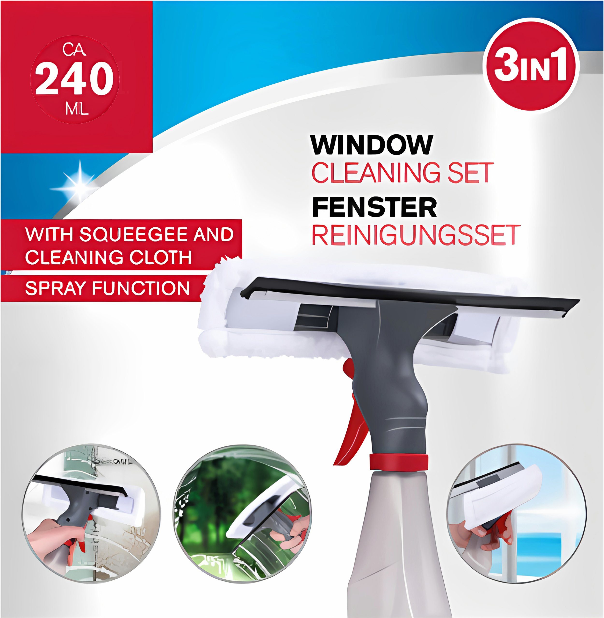 EDCO Fensterreiniger 3in1 FENSTERREINIGER Set Sprühflasche Fensterwischer Fensterputzer 45, Fensterabzieher Fensterwischer Abzieher Putztuch Lippe
