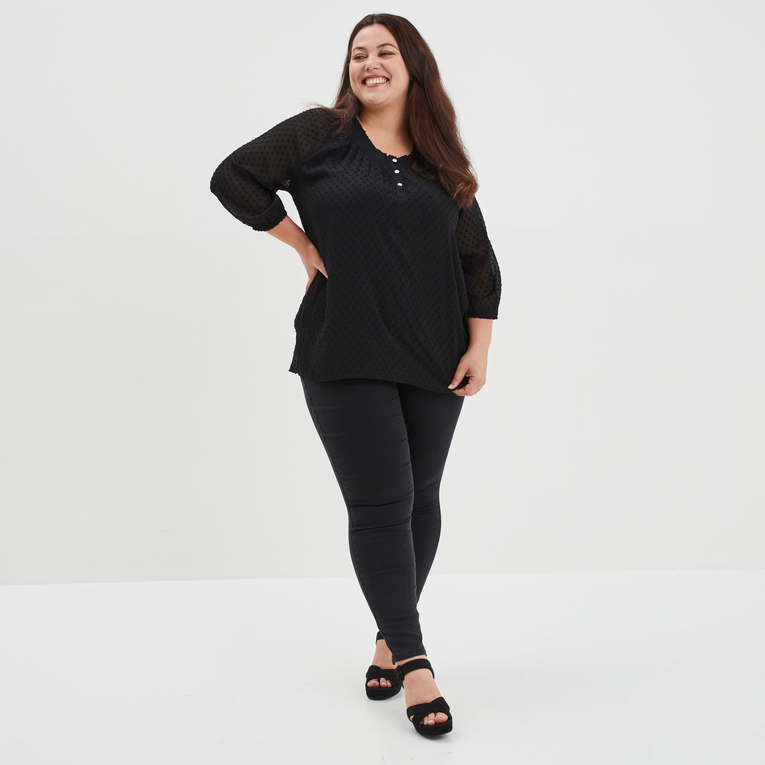 Blouse plumetis manches 3 4 noir femme grande taille | La Halle