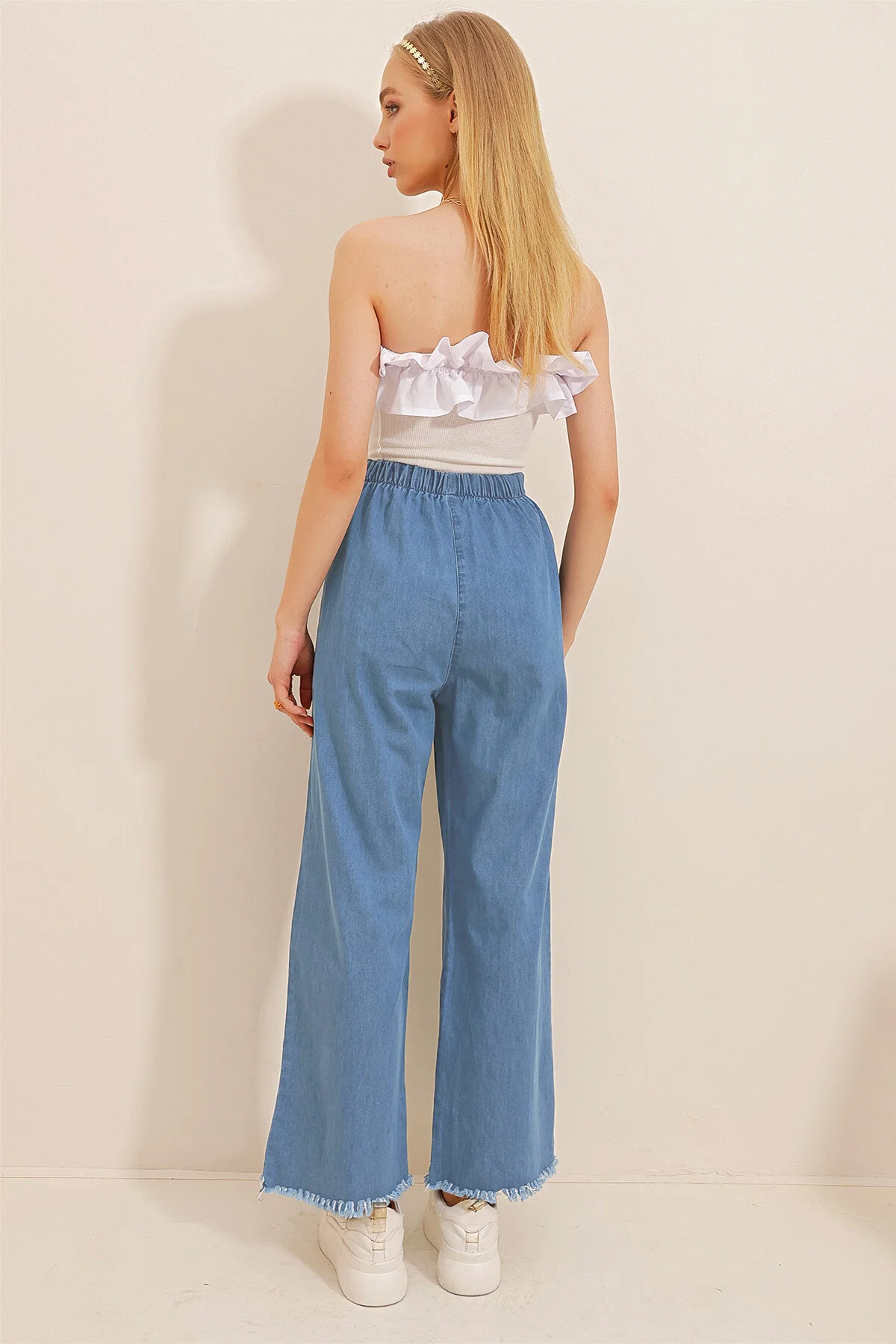 Trend Alaçatı Stili  Dunkelblaue Palazzo-Jeanshose mit hoher Taille und Quasten für Damen ALC-X8930