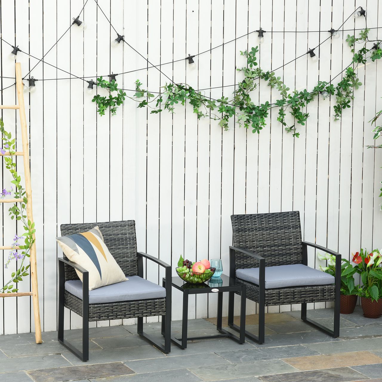 Outsunny Polyrattan Gartenset 3 tlg. Balkonmöbel Set mit Kissen Grau