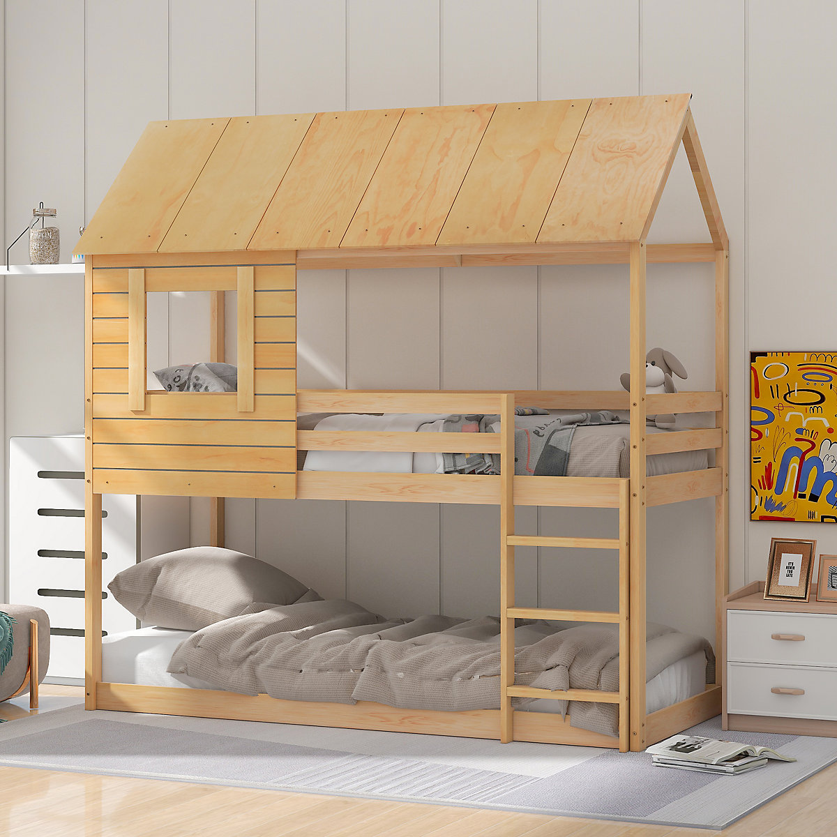 Etagenbett Kinderbett, Holz, Etagenbett 90 X 200 cm, Kinder hausbett, mit Dach, Leiter und Lattenrost