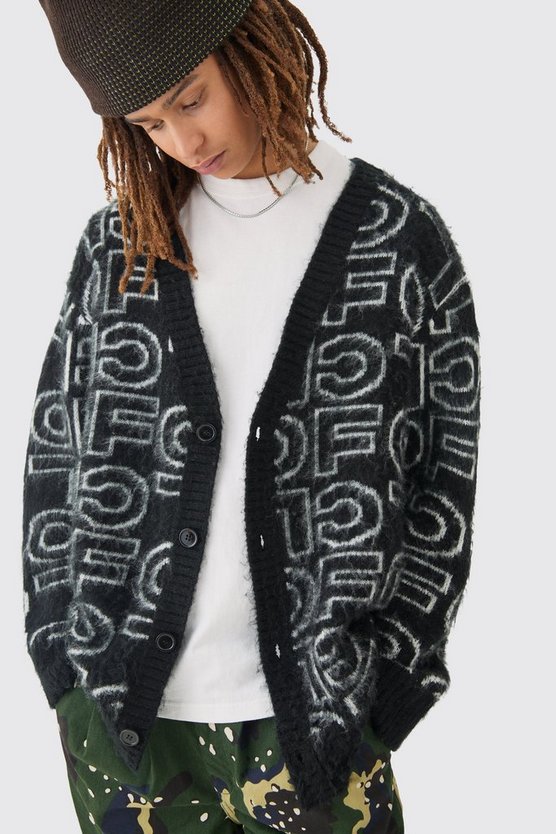 Kastiger flauschiger Cardigan mit Logo
