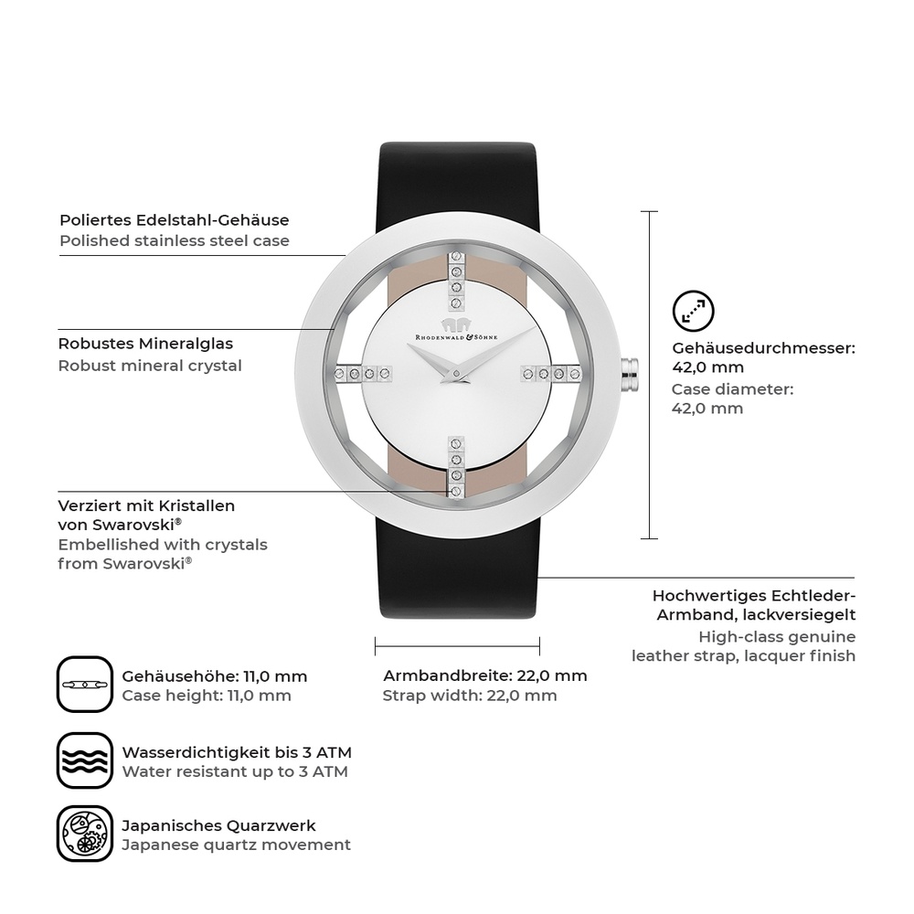 Rhodenwald & Söhne Montre à quartz Lucrezia en Cuir véritable en Noir Montre